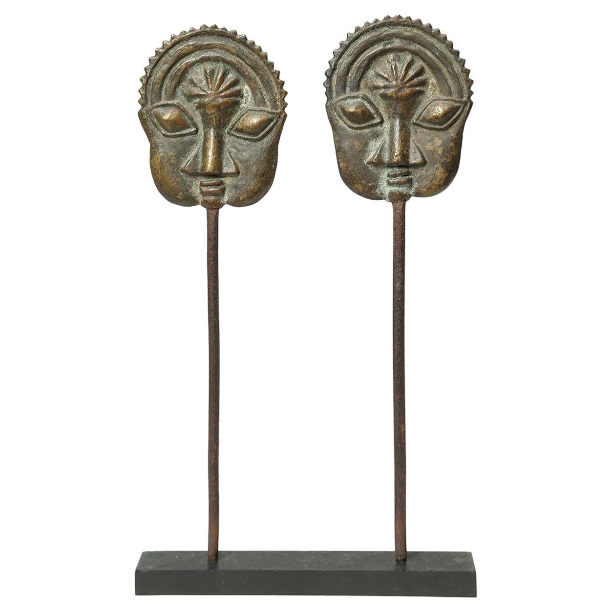 Yoruba Tribal Ogboni Pair of Brass Pins with Faces, Nigeria Early 20th Century For Sale
