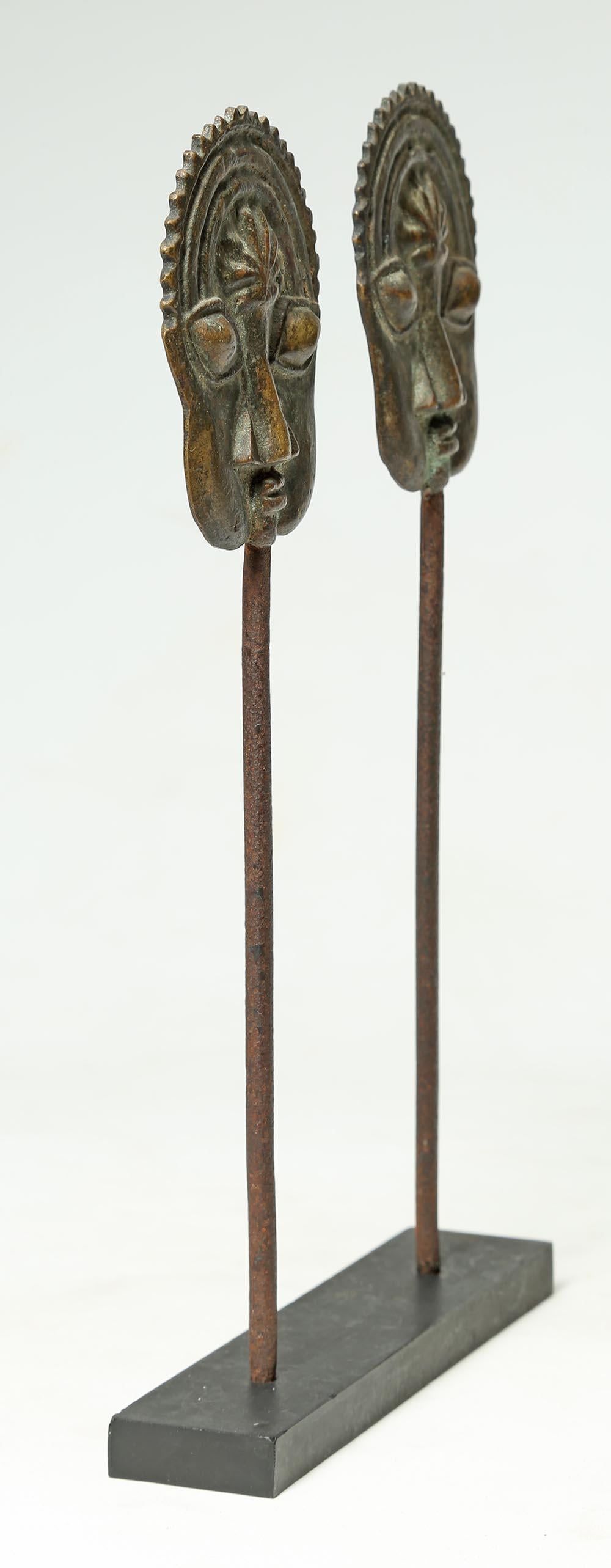 Nigerian Yoruba Tribal Ogboni Pair of Brass Pins with Faces, Nigeria, Early 20th Century