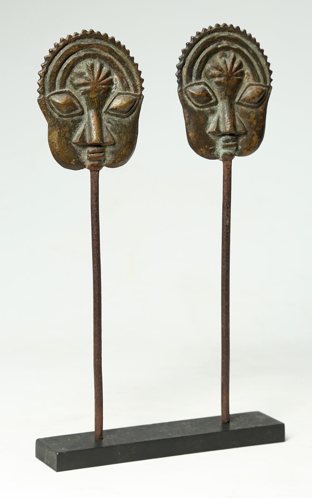 Hand-Crafted Yoruba Tribal Ogboni Pair of Brass Pins with Faces, Nigeria, Early 20th Century