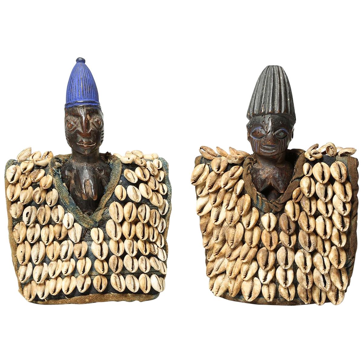 Yoruba Twin Figures with Cowrie Cloaks, Nigeria, Africa, Early 20th Century For Sale