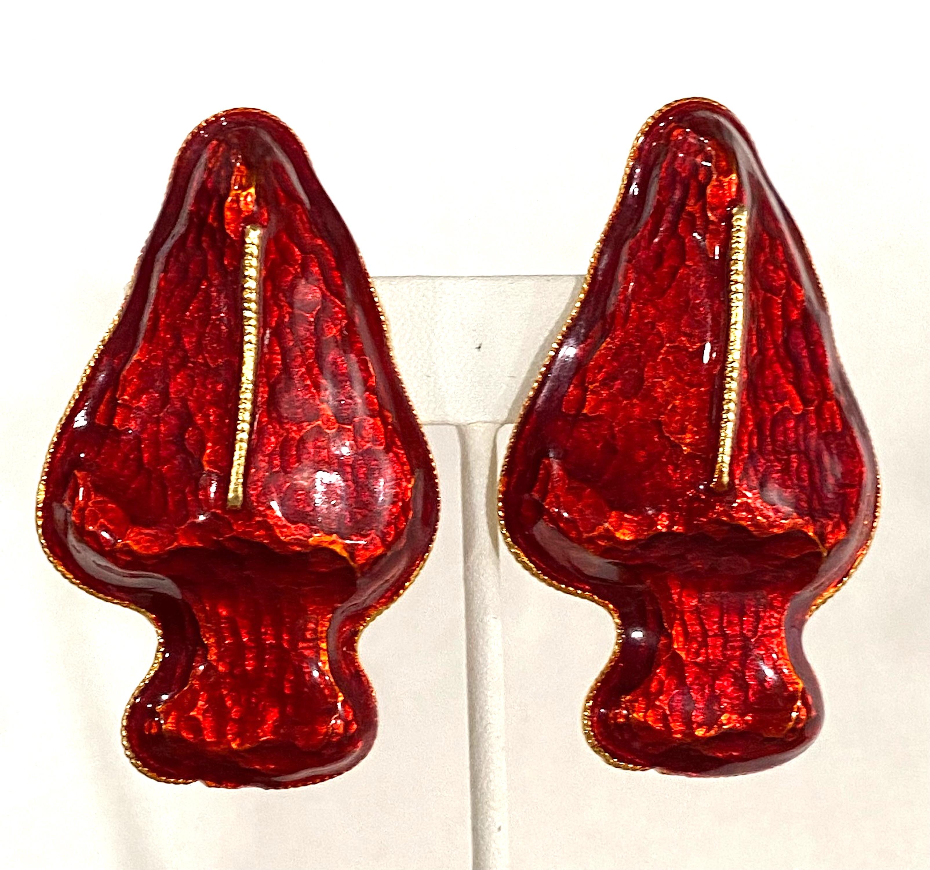 Yosca 1980s Red Enamel on Gold Large Abstract Earrings For Sale 6