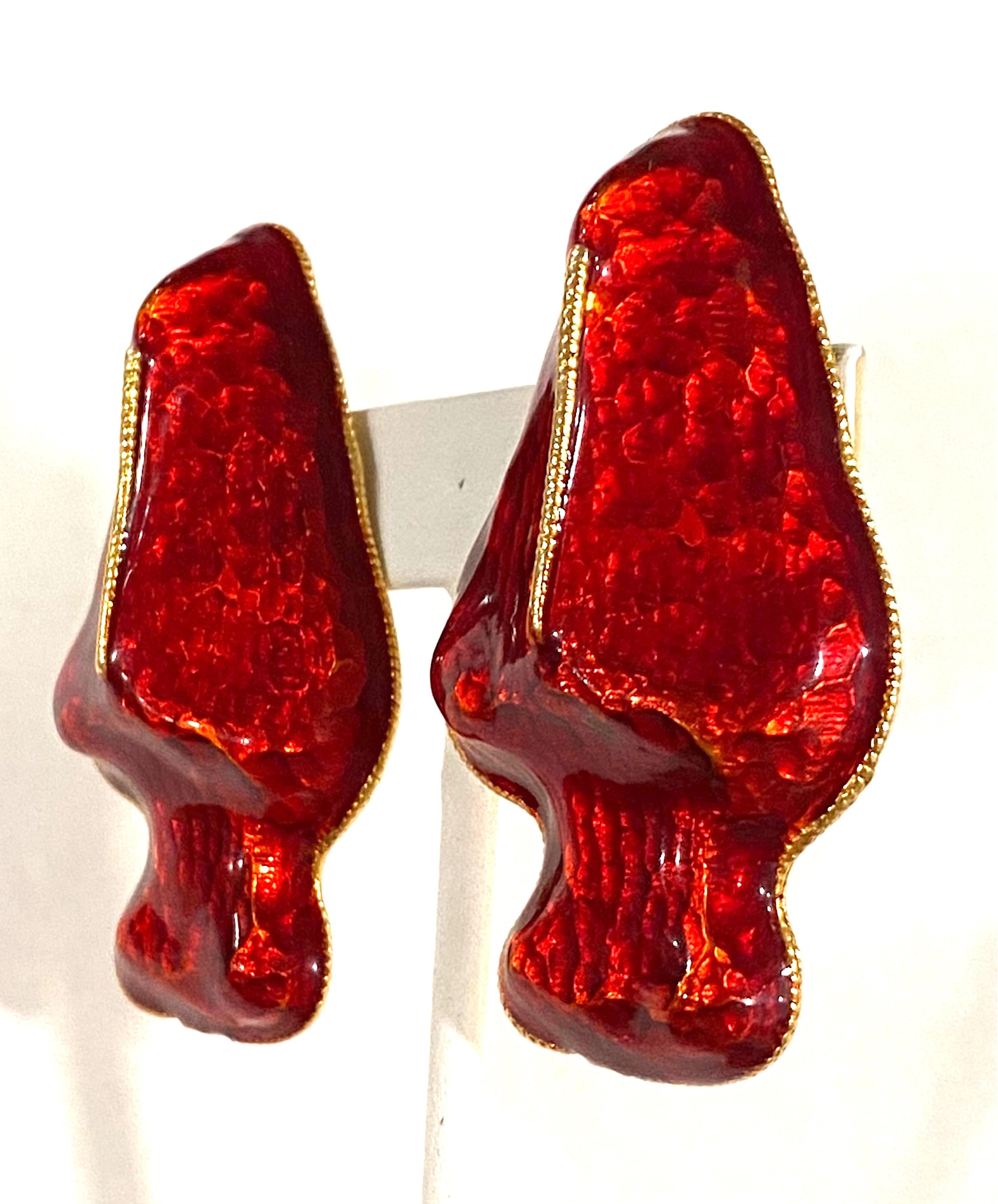 Yosca 1980s Red Enamel on Gold Large Abstract Earrings For Sale 7