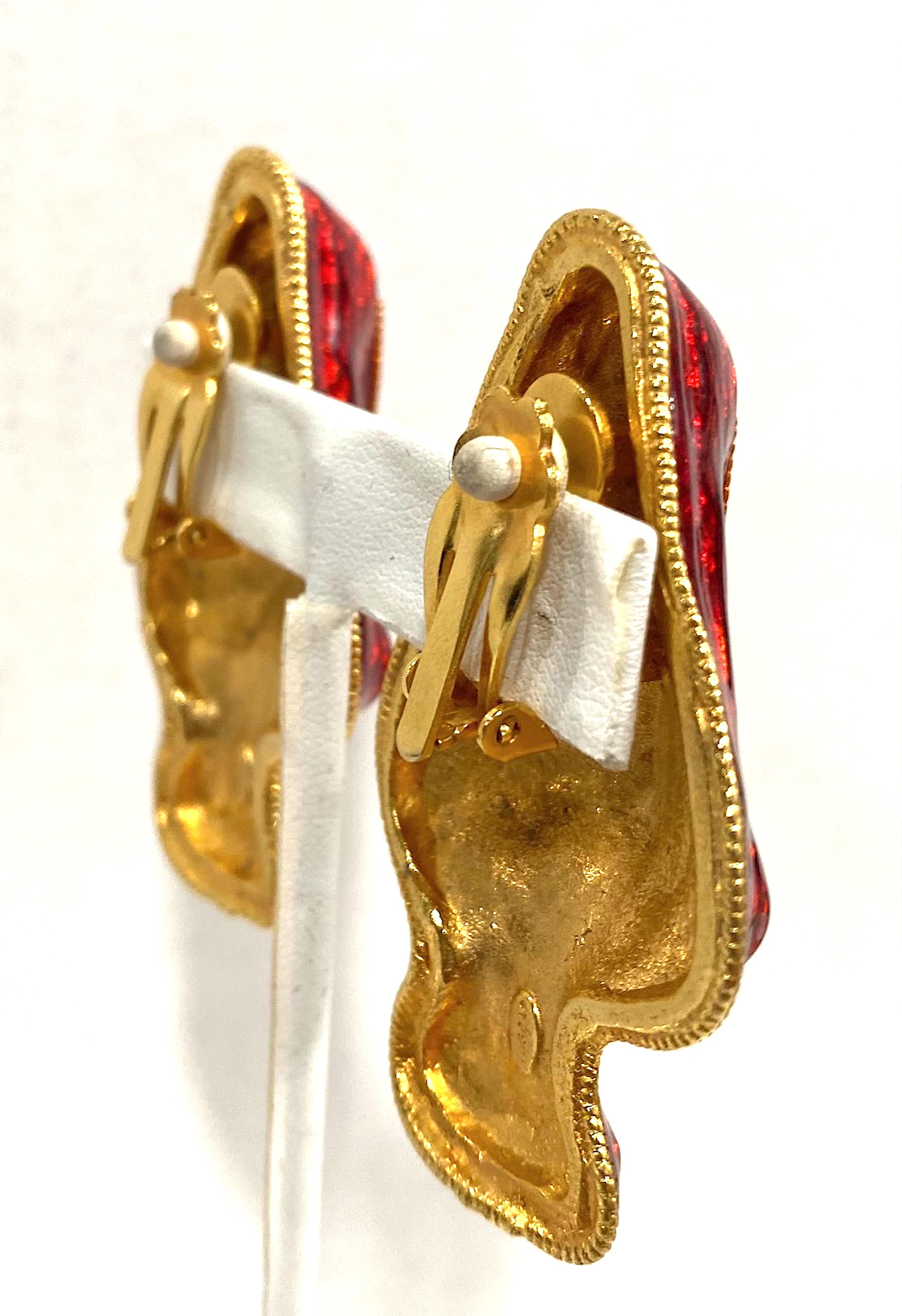 Yosca 1980s Red Enamel on Gold Large Abstract Earrings For Sale 4