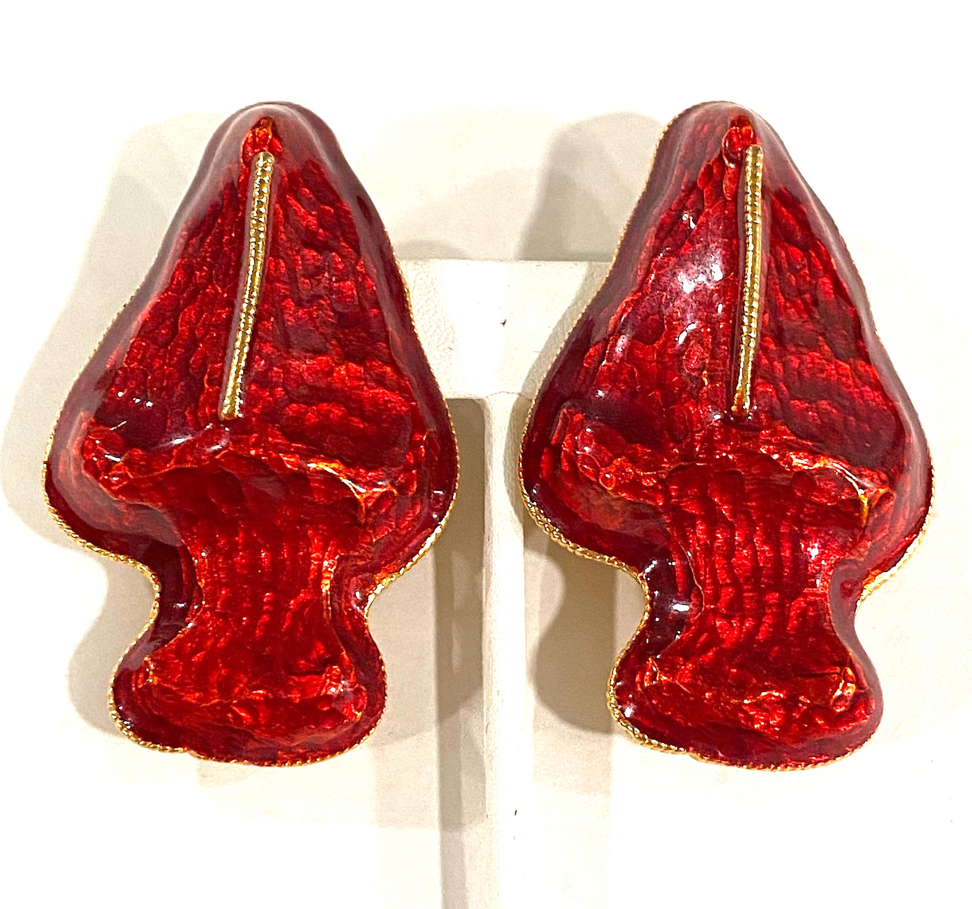 Yosca 1980s Red Enamel on Gold Large Abstract Earrings For Sale 5