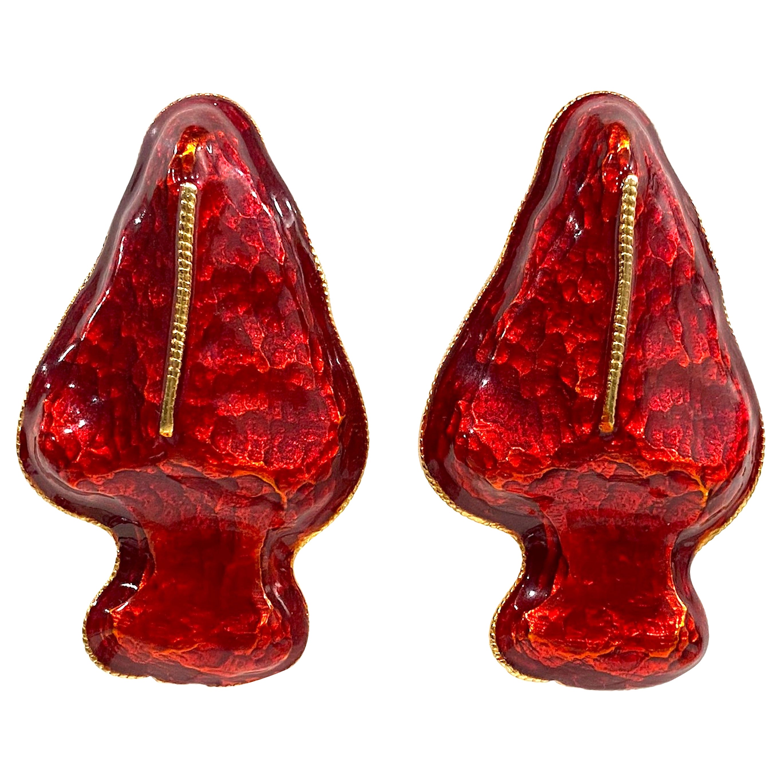 Yosca 1980s Red Enamel on Gold Large Abstract Earrings