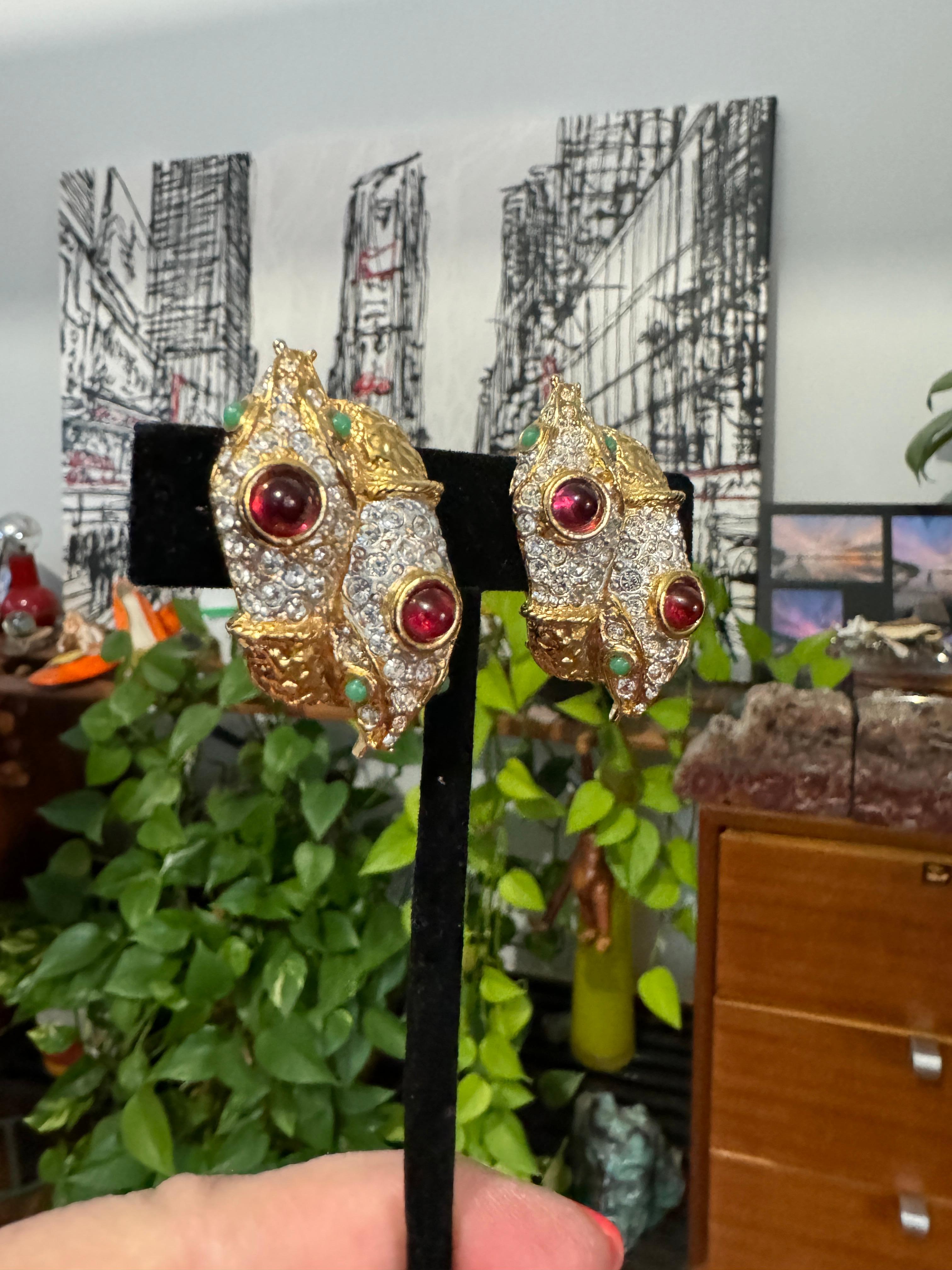 Boucles d'oreilles serpent à double tête en verre Yosca Gold & Gripoix, jamais portées, années 1990 en vente 6