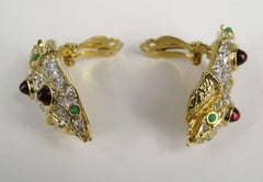 Boucles d'oreilles serpent à double tête en verre Yosca Gold & Gripoix, jamais portées, années 1990