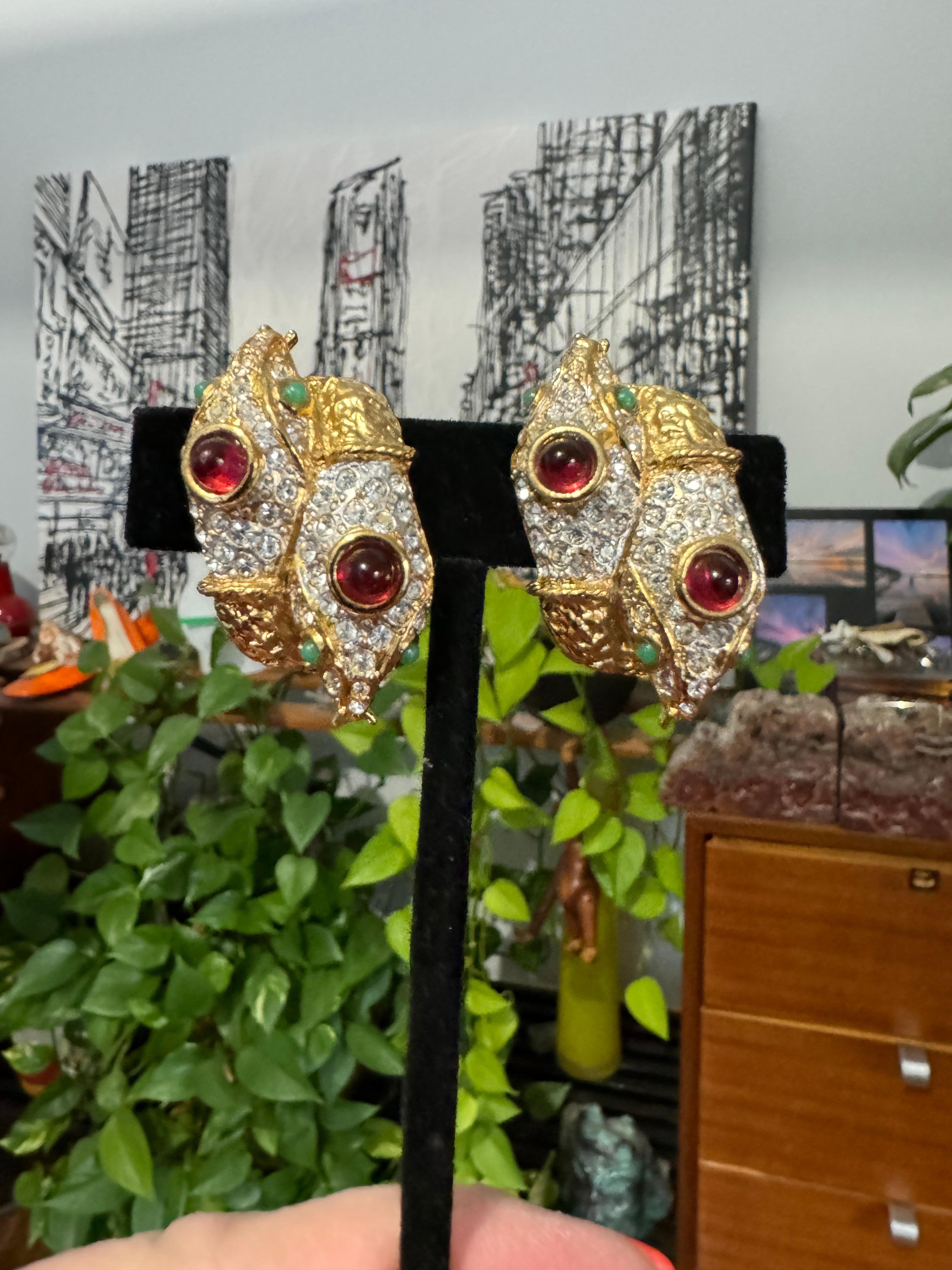 Boucles d'oreilles serpent à double tête en verre Yosca Gold & Gripoix, jamais portées, années 1990 en vente 4