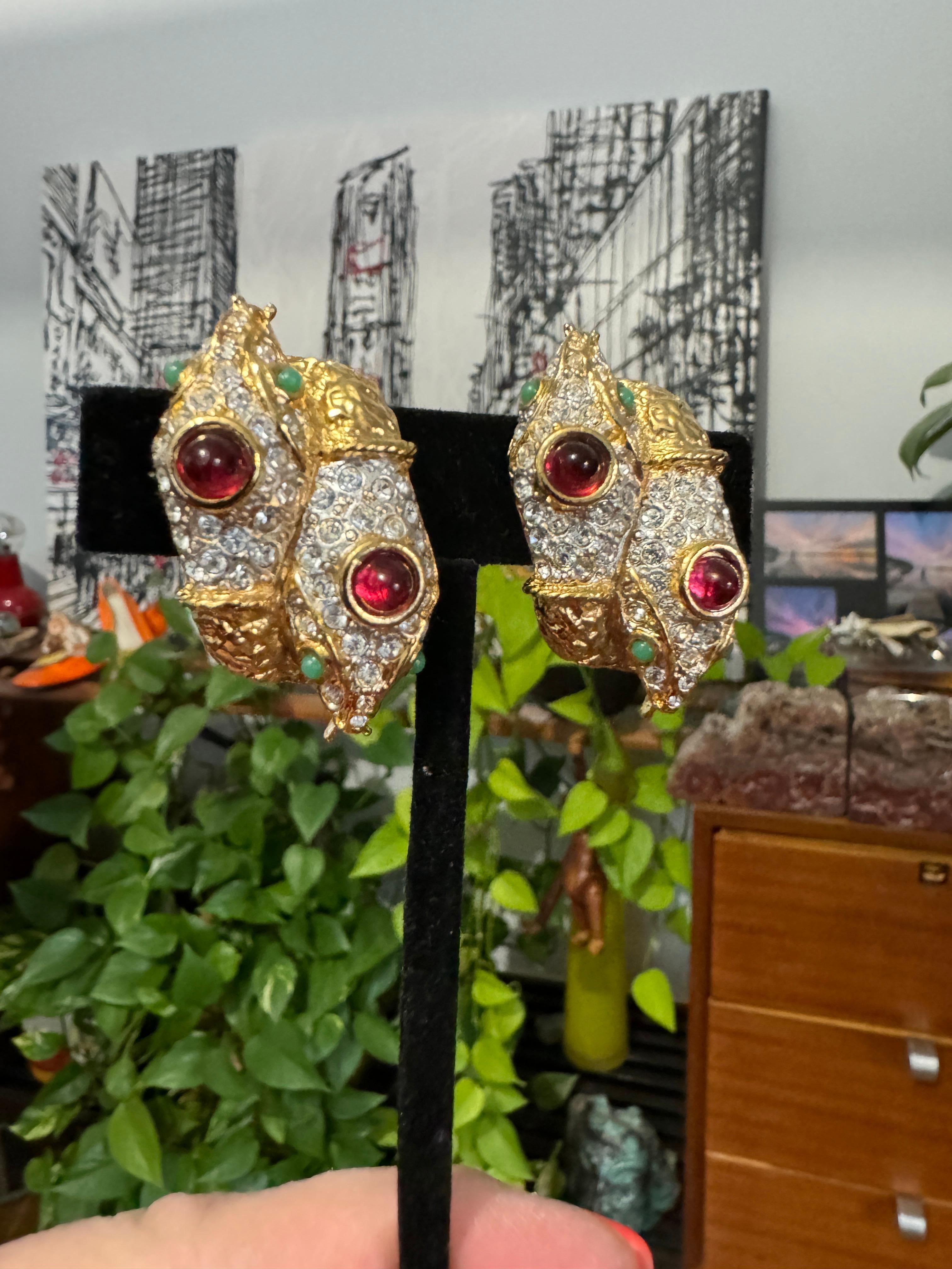 Boucles d'oreilles serpent à double tête en verre Yosca Gold & Gripoix, jamais portées, années 1990 en vente 5