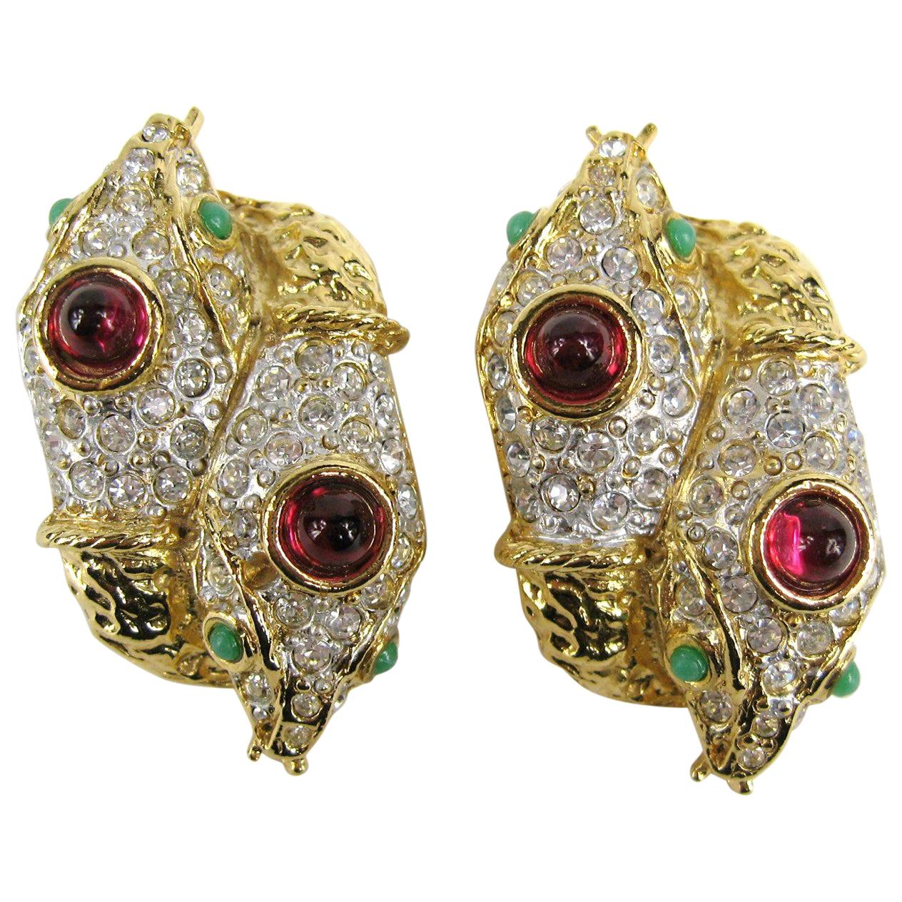 Yosca Gold & Gripoix Glass Double Headed Snake Earrings Never Worn 1990s For Sale