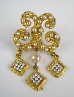 YOSCA Boucles d'oreilles pendantes en or avec perles et strass jamais portées, années 1990