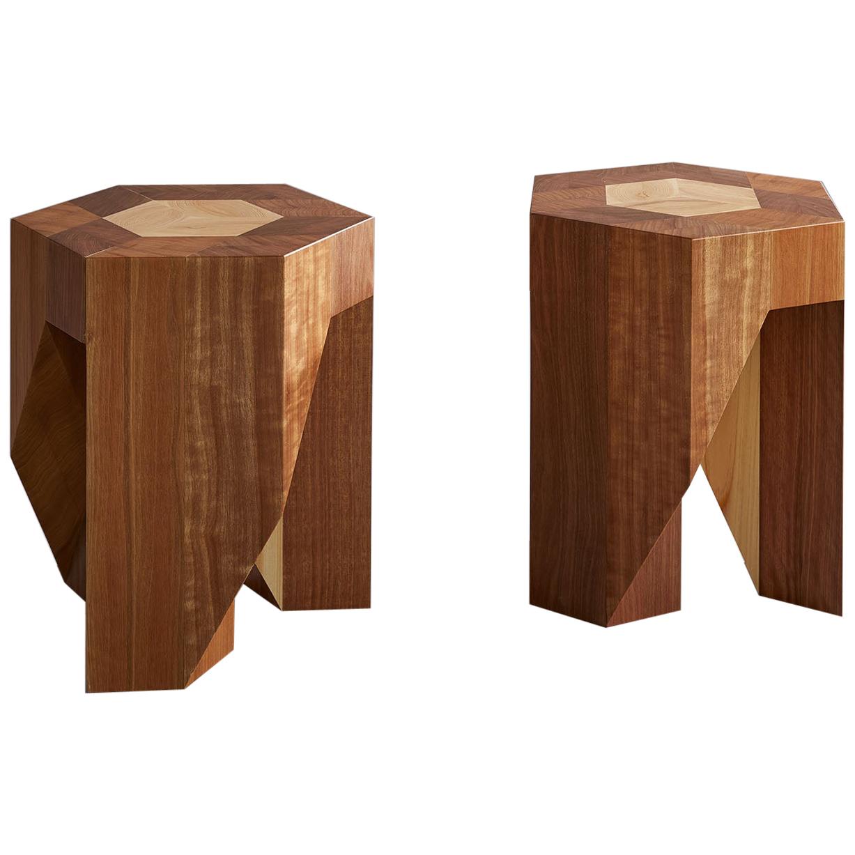 Award winning Yosegi Modern Minimal Style Japanese Pair Stools by Tamen For Sale