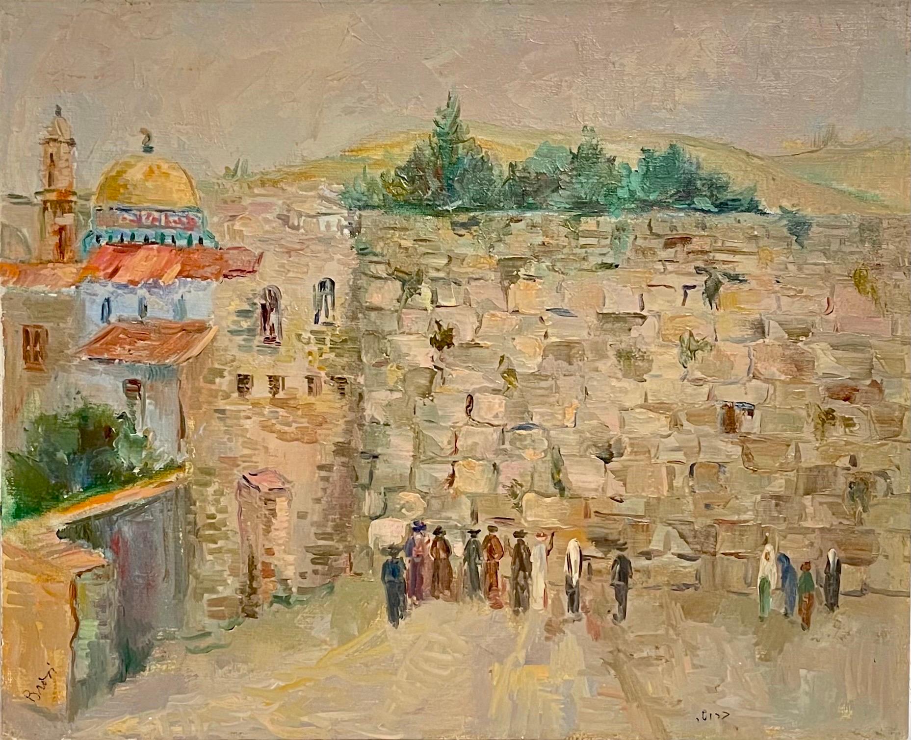 Yoseph Broshi Landscape Painting - Russian Israeli Oil Painting Western Wall Jerusalem Judaica Post Impressionist
