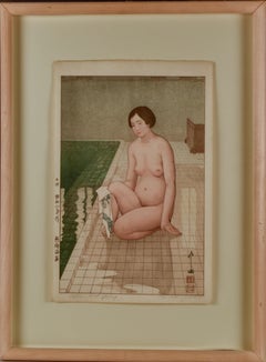 Yoshida Hiroshi, "Atami Hot Spring" Woodblock Print 10 x 16 seated nude