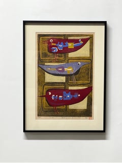 Yoshiharu Kimura “Three Birds” Japanese Woodblock c1965