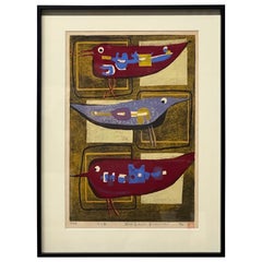 Yoshiharu Kimura “Three Birds” Japanese Woodblock c1965