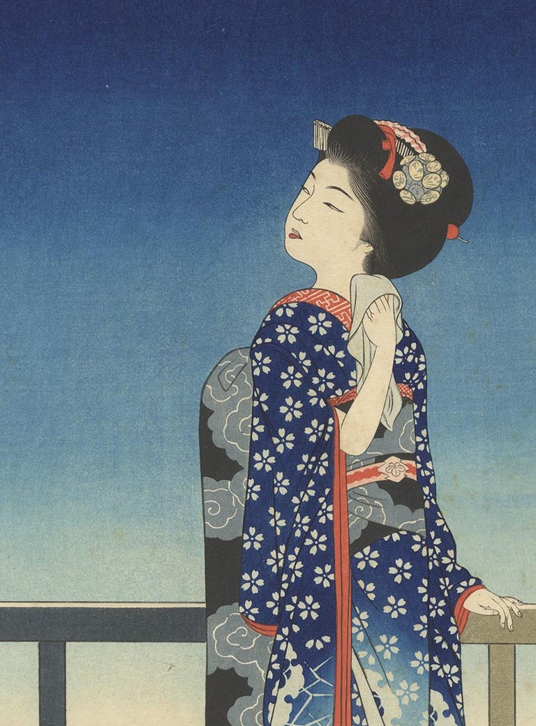 Yoshikawa Kanpo Japanese Woodblock Print Beauty Shin Hanga Blue Summer