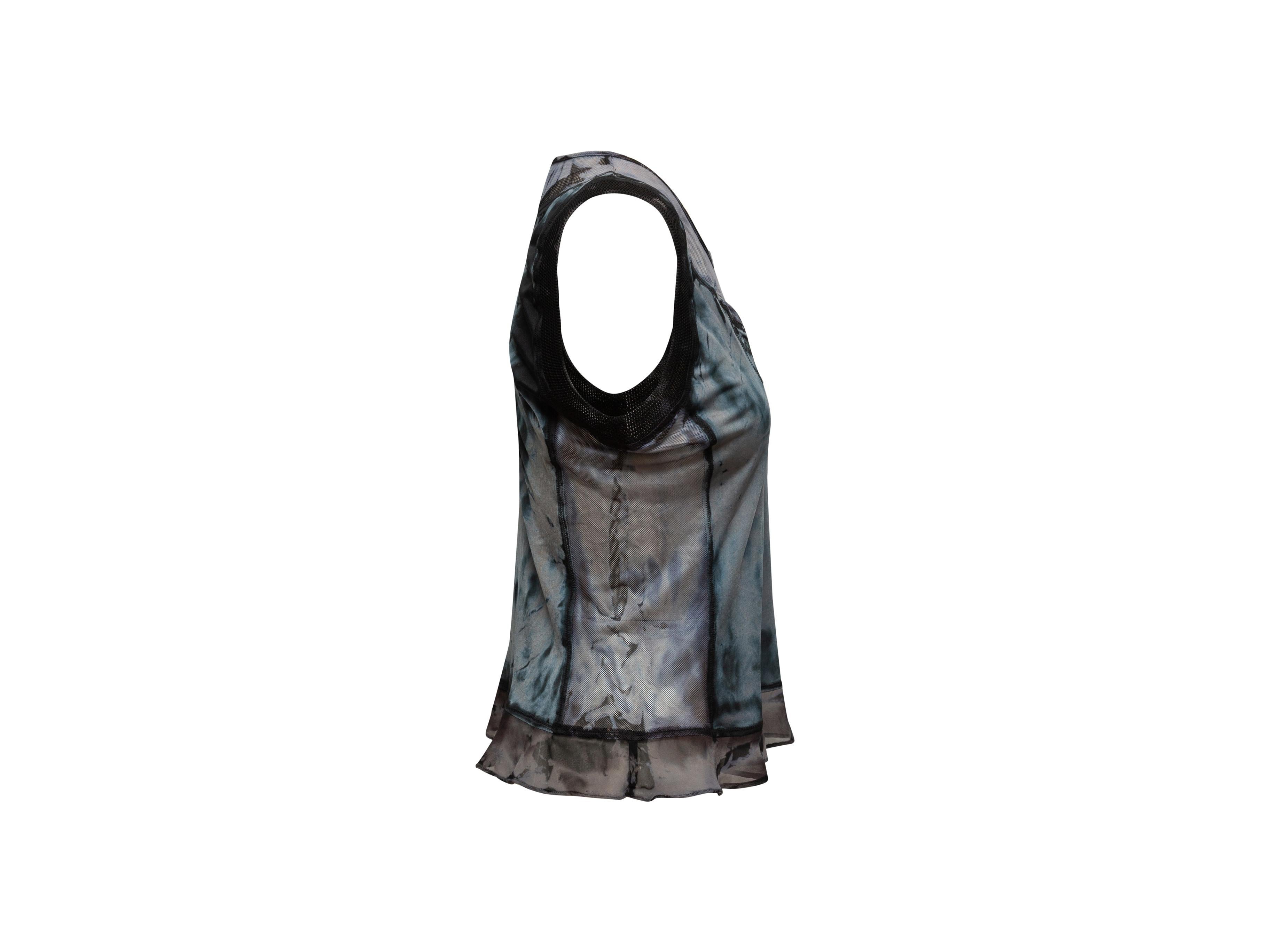Product details: Grey, blue and black tie-dye sleeveless top by Yoshiki Hishinuma. Crew neck. Graphic number printed at front. 36