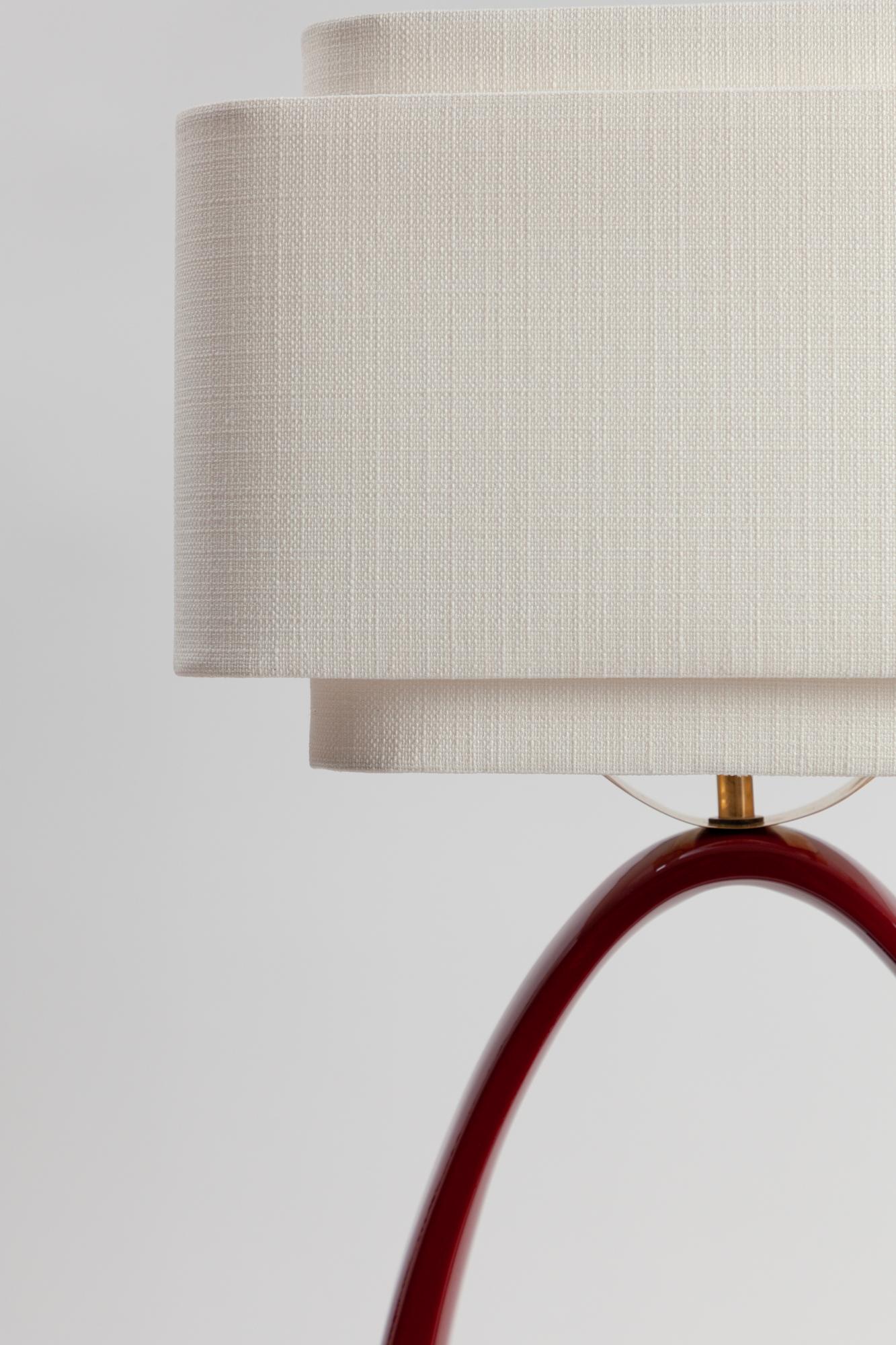 French Yoshiko Dark Red Lamp in Ceramic Laquered Wood Brass and Linen Lampshade