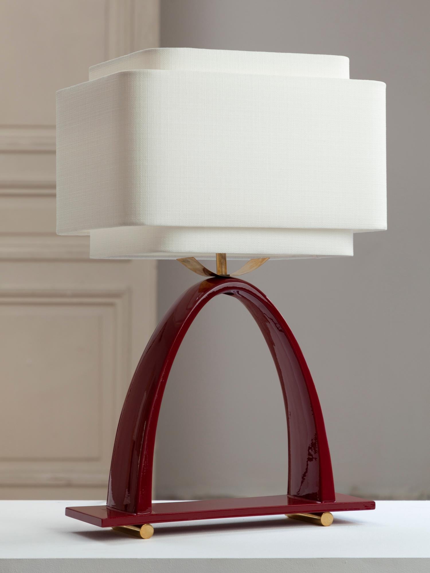 Lacquered Yoshiko Dark Red Lamp in Ceramic Laquered Wood Brass and Linen Lampshade