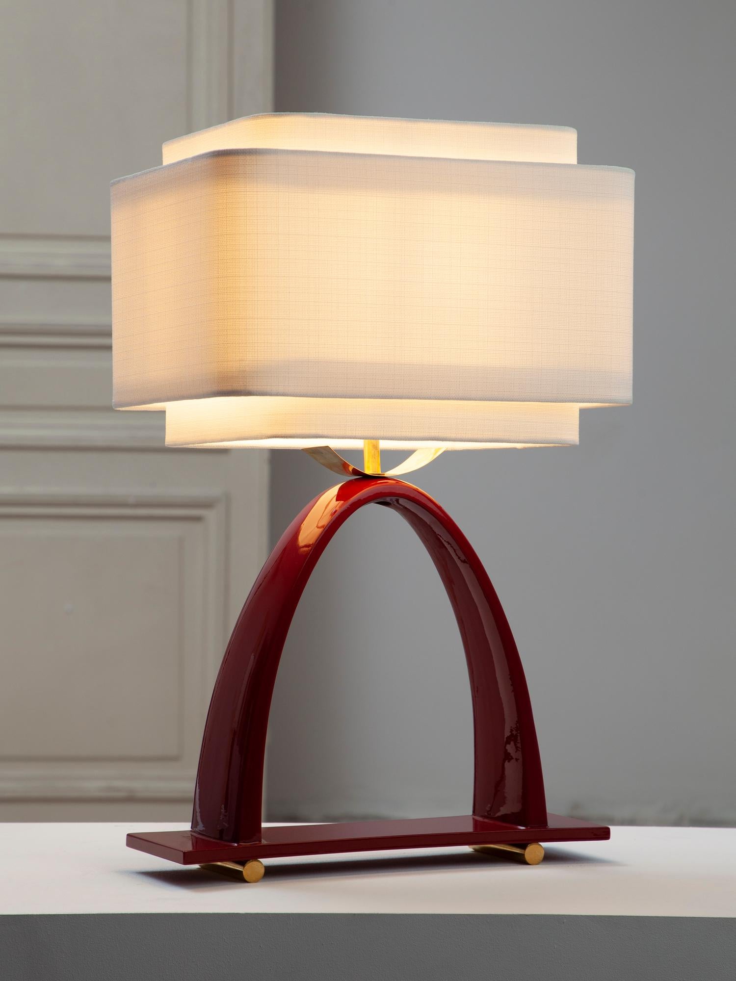 Yoshiko Dark Red Lamp in Ceramic Laquered Wood Brass and Linen Lampshade In New Condition In PARIS, FR