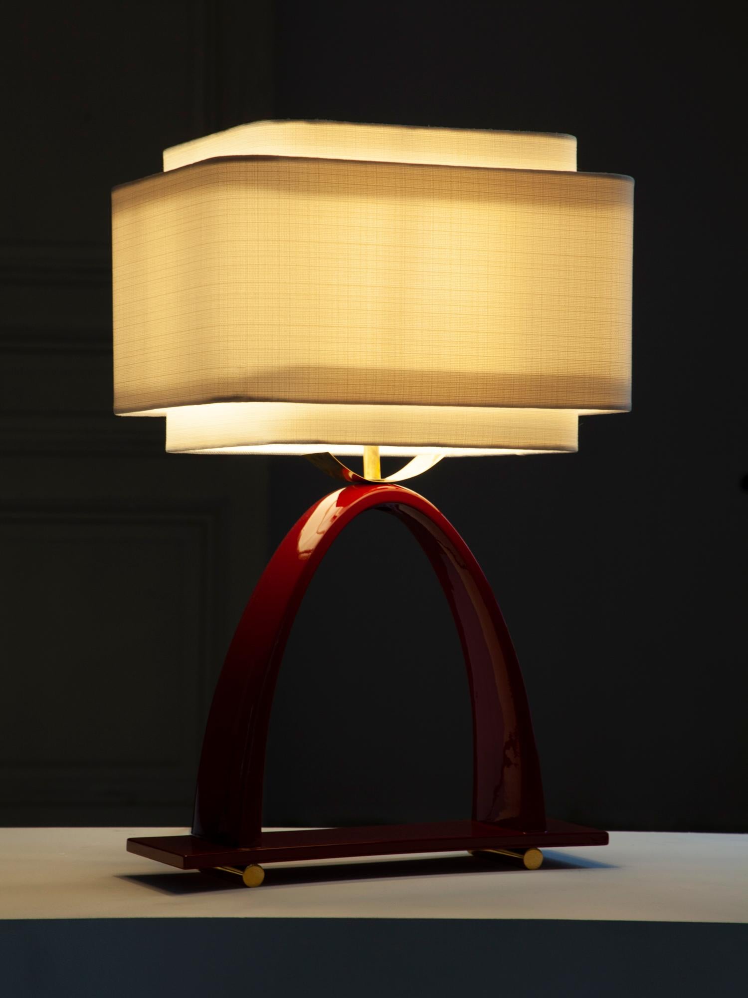 Contemporary Yoshiko Dark Red Lamp in Ceramic Laquered Wood Brass and Linen Lampshade