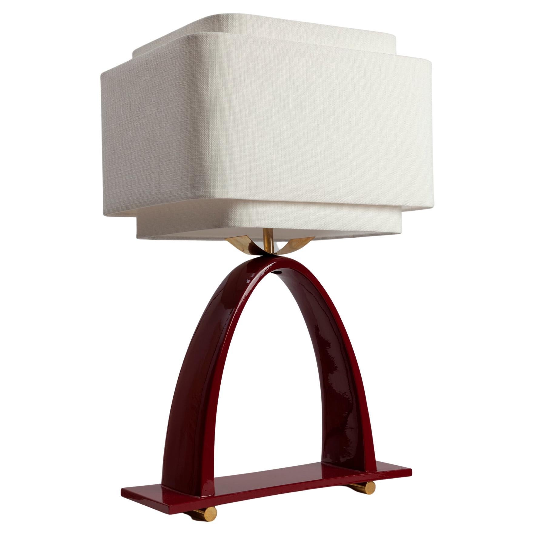 Yoshiko Dark Red Lamp in Ceramic Laquered Wood Brass and Linen Lampshade