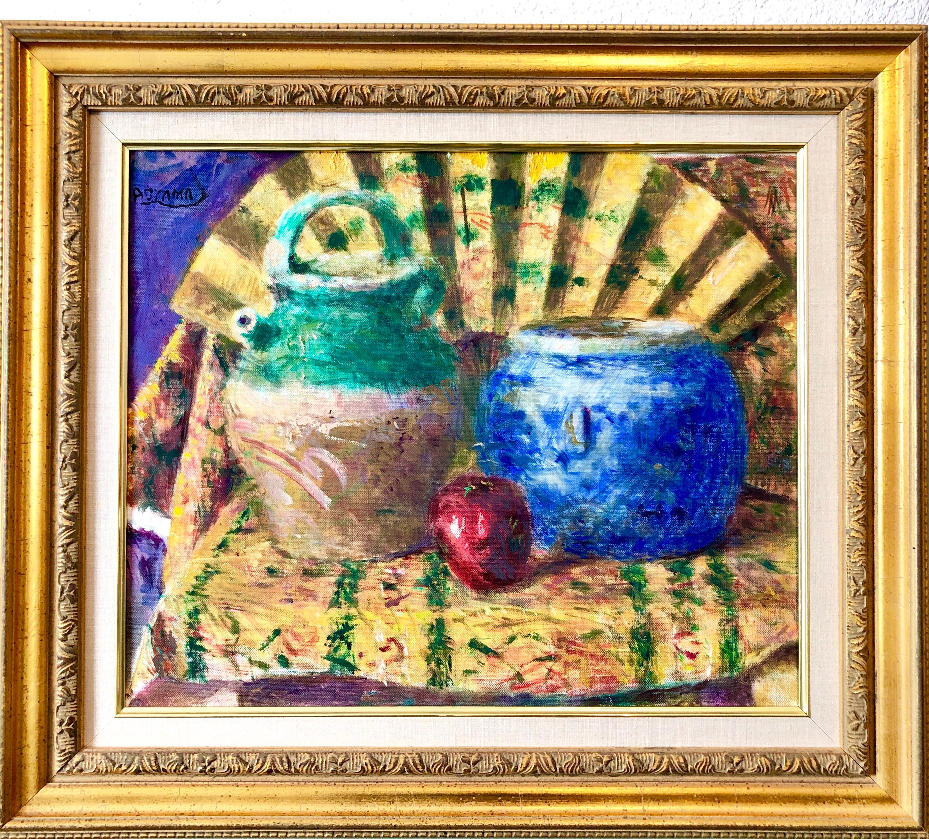 Japanese Fauvist Colorful Oil Painting Chinese Ceramic Jars with Fan and Apple For Sale 4