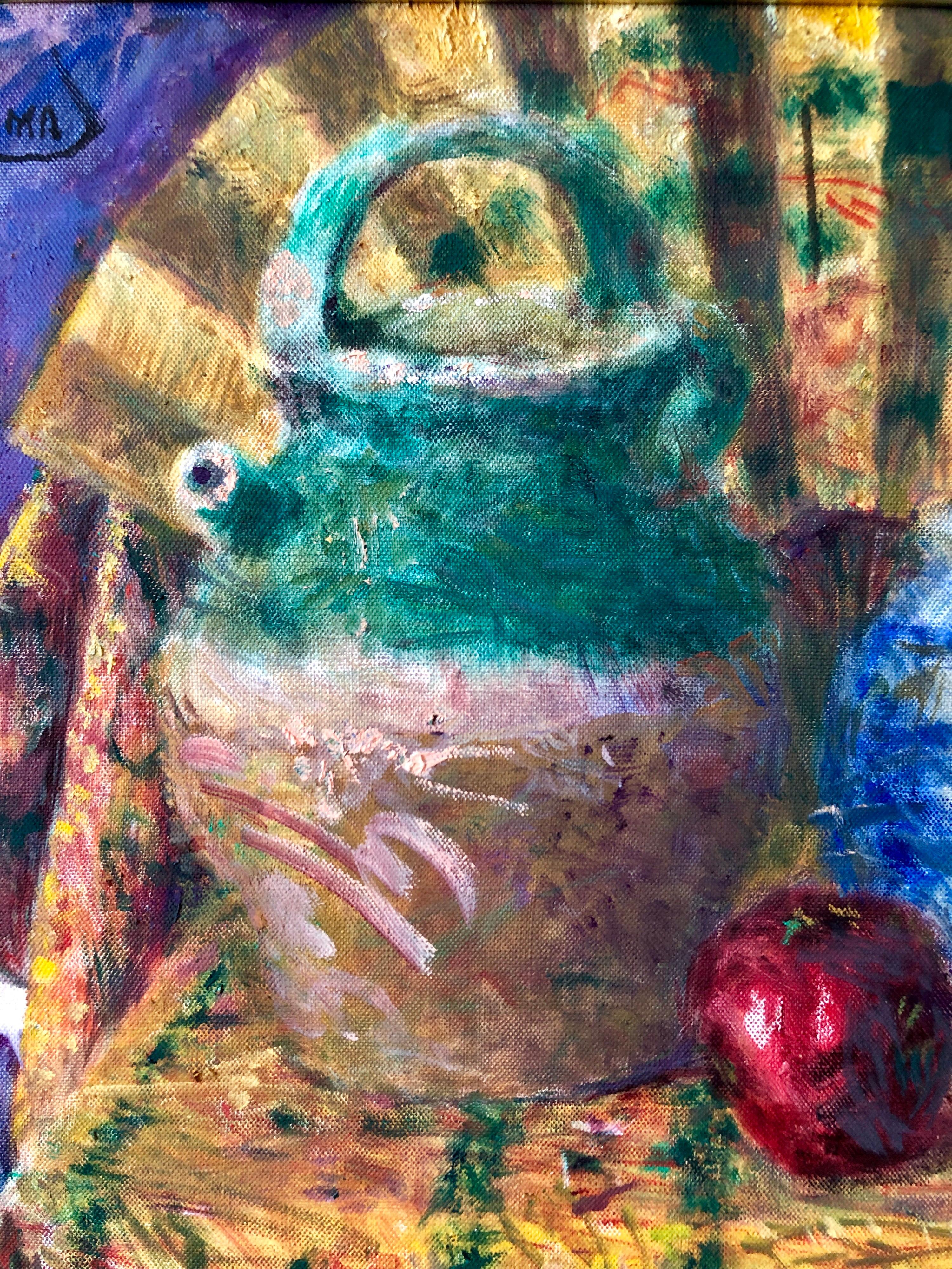 Peinture à l'huile fauviste japonaise colorée représentant des pots en céramique chinoise avec éventail et pomme en vente 2