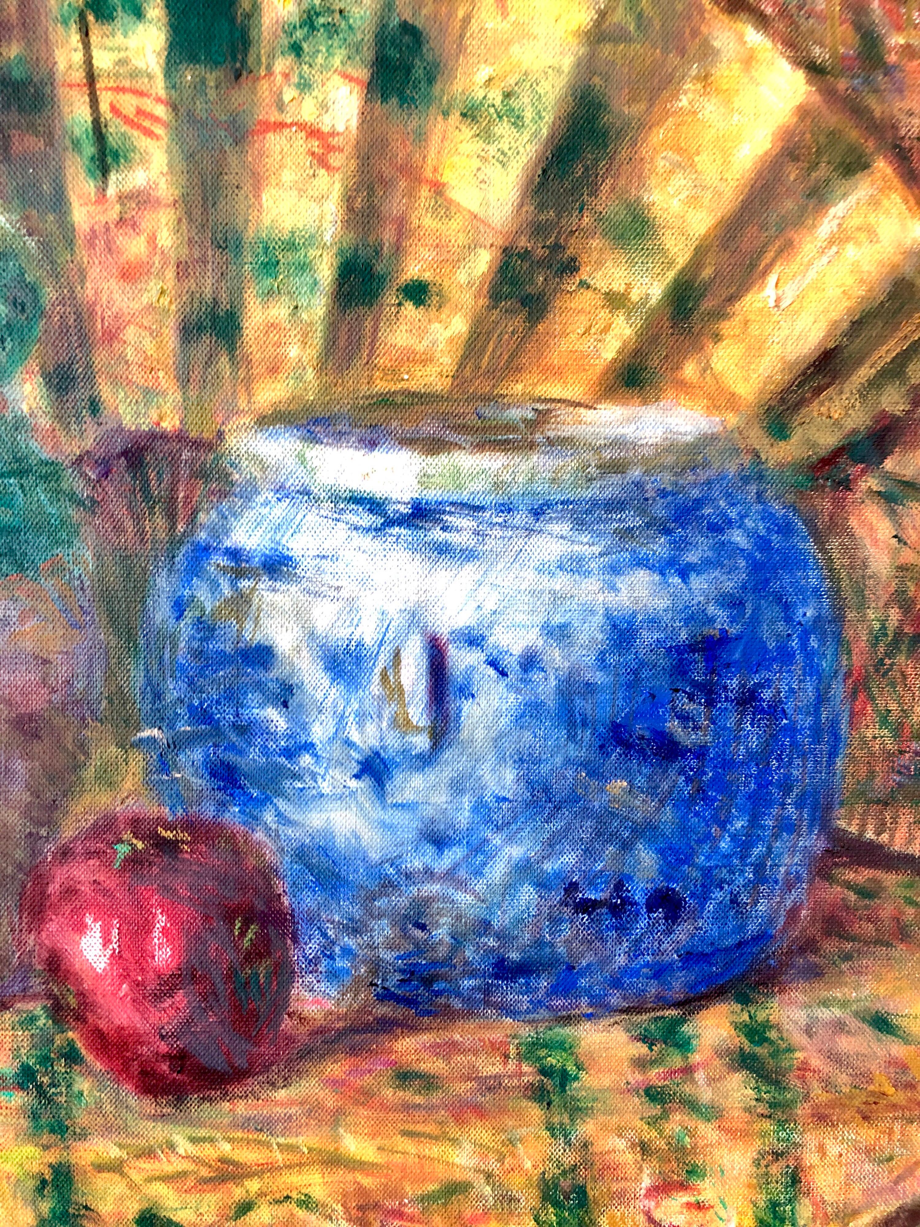 Peinture à l'huile fauviste japonaise colorée représentant des pots en céramique chinoise avec éventail et pomme en vente 4