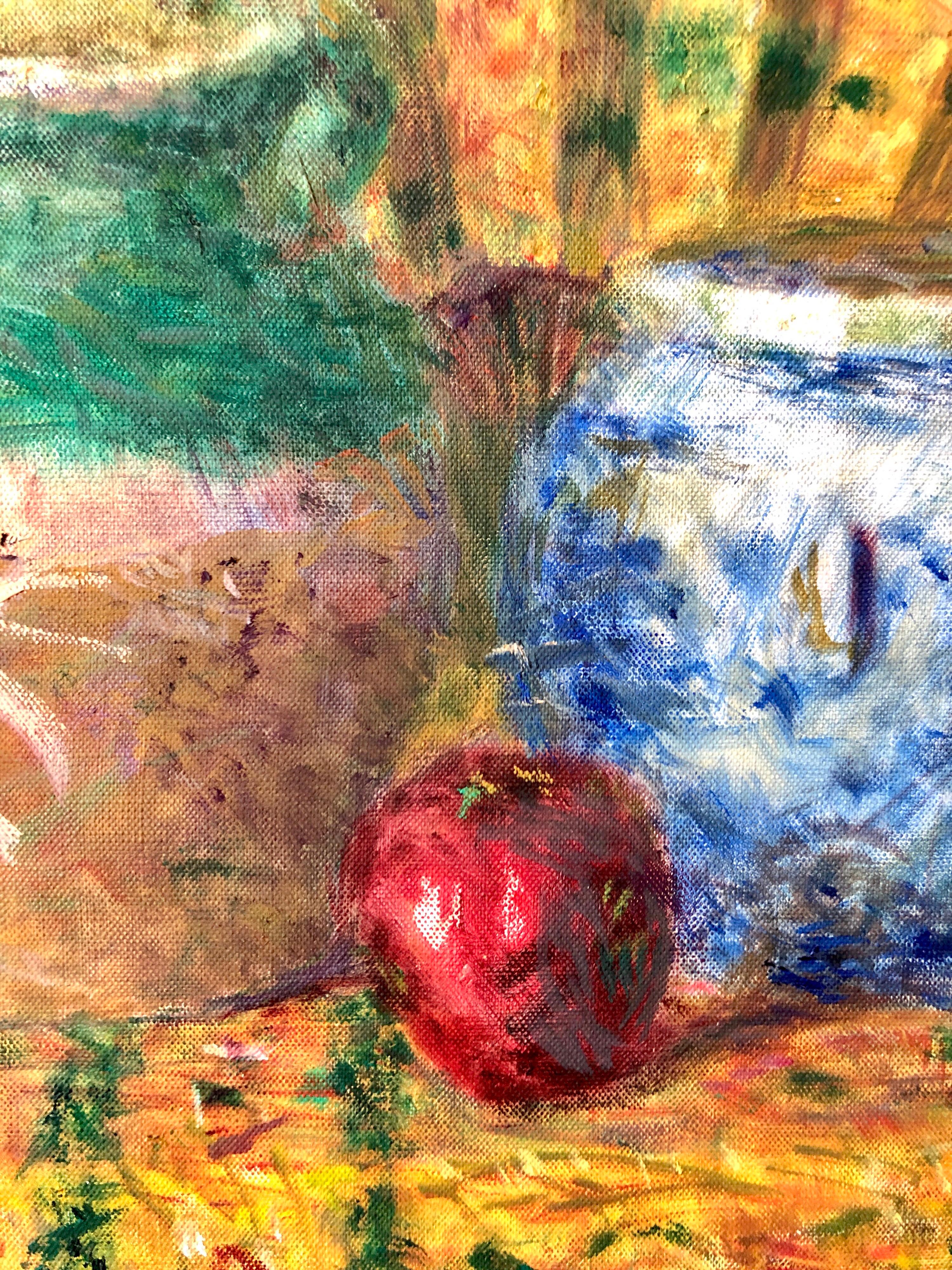 Peinture à l'huile fauviste japonaise colorée représentant des pots en céramique chinoise avec éventail et pomme en vente 4