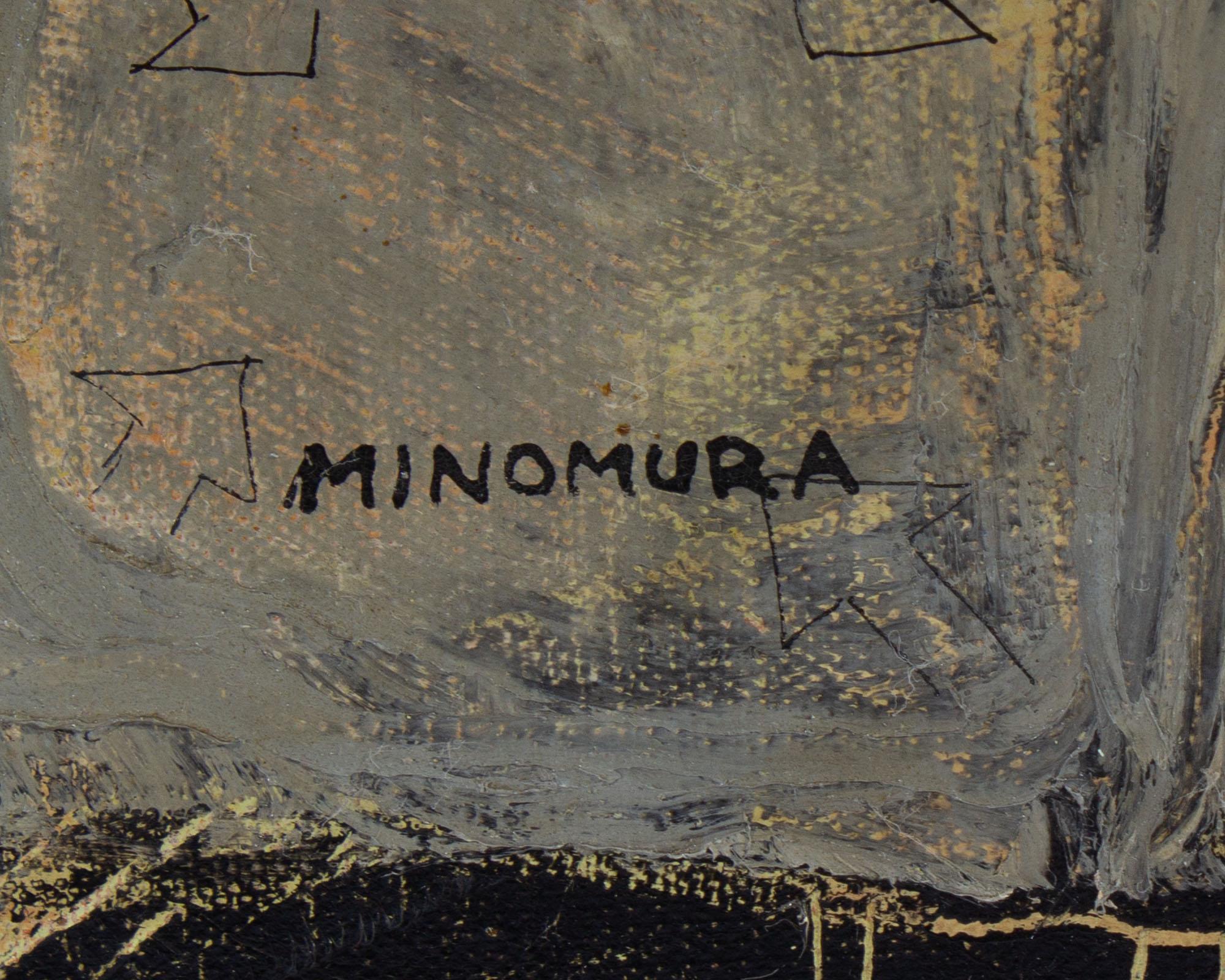 Yoshio Minomura, signiertes abstraktes Gemälde, Öl und Tinte auf Leinwand (20. Jahrhundert) im Angebot