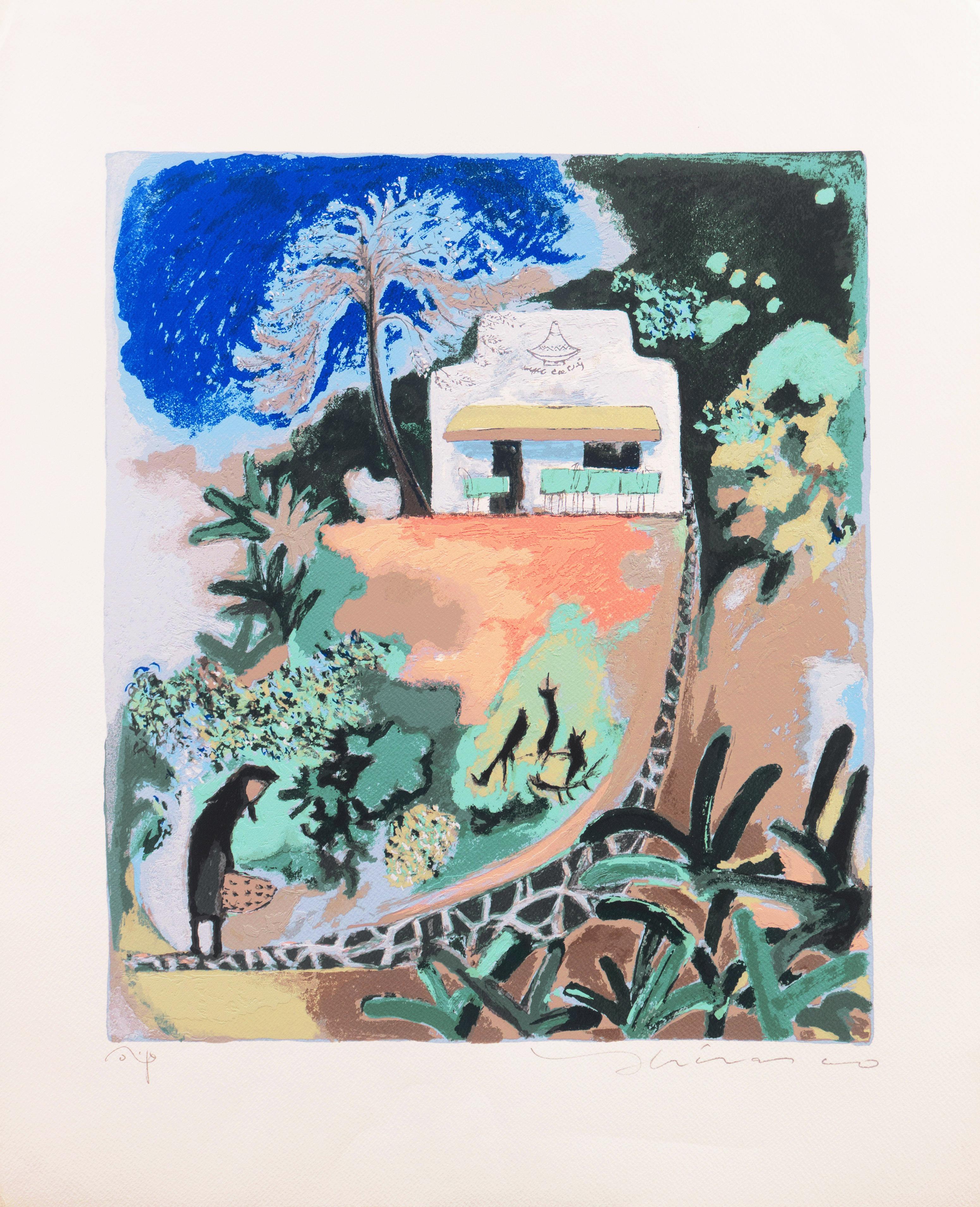 « Mimosa Tree Restaurant », Égée, Cyclades, artiste japonais en Grèce, chat de fougère - Print de Yoshito Hirano
