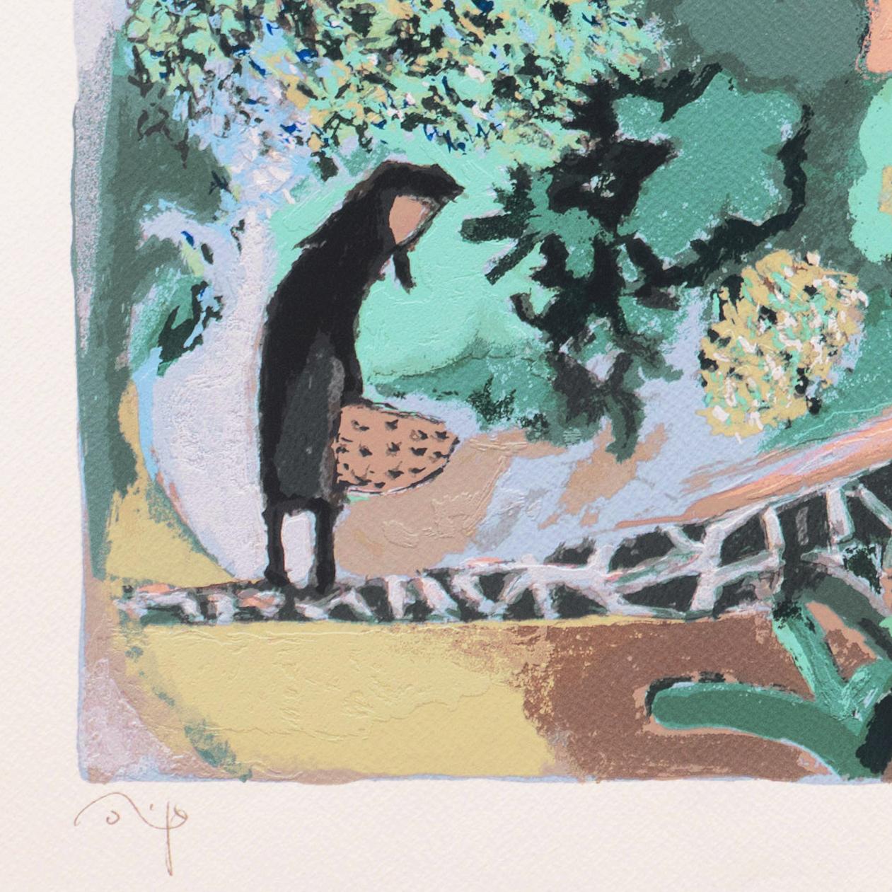 « Mimosa Tree Restaurant », Égée, Cyclades, artiste japonais en Grèce, chat de fougère - Gris Figurative Print par Yoshito Hirano
