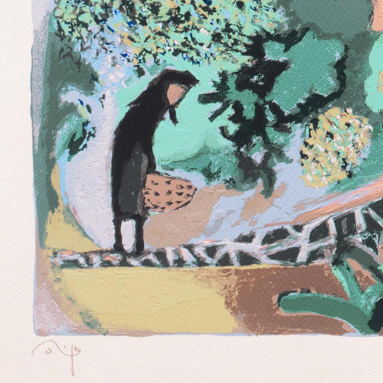„Mimosa Tree Restaurant“, Ägäisch, Zyklopen, japanischer Künstler in Griechenland, Feralkatze (Grau), Figurative Print, von Yoshito Hirano