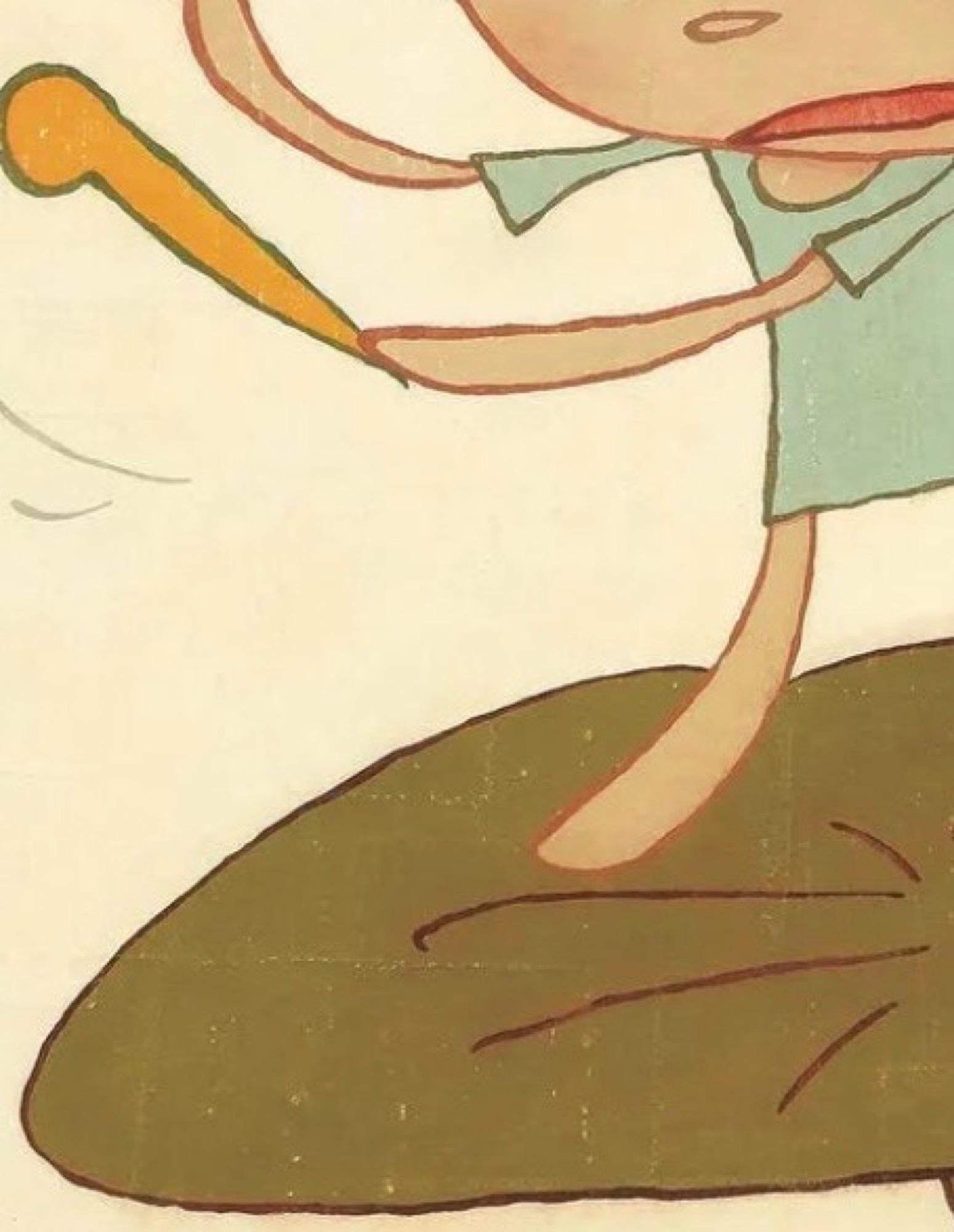 Marschieren auf einem Pestwurzblatt (Black Box gerahmt) (Beige), Portrait Print, von Yoshitomo Nara