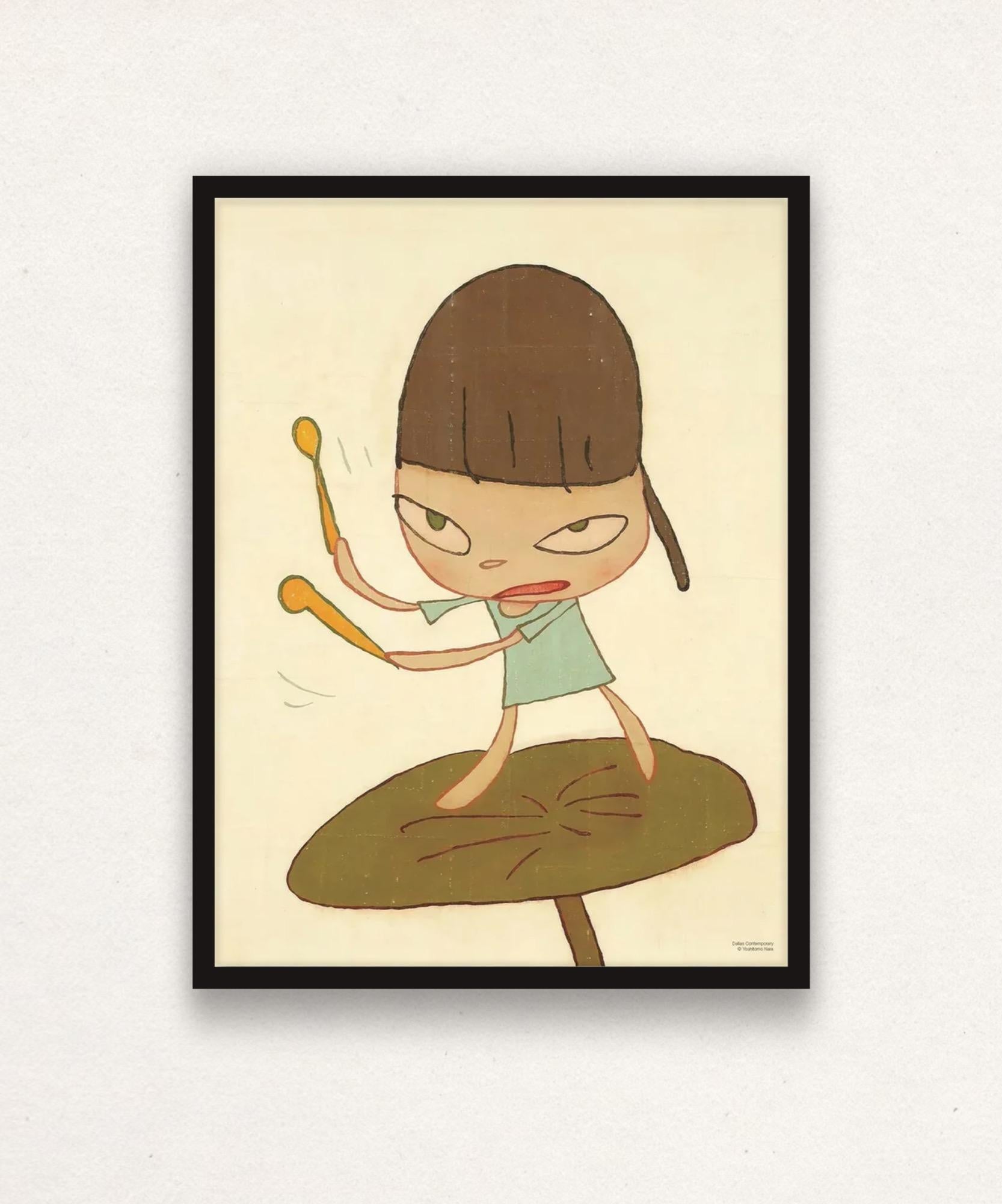 Yoshitomo Nara Portrait Print – Marschieren auf einem Pestwurzblatt (Black Box gerahmt)