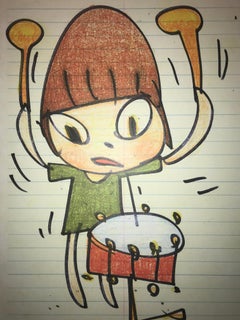 Nara Girl Banging On A Drum With Limited Edition Sticker Set Pop Art Print