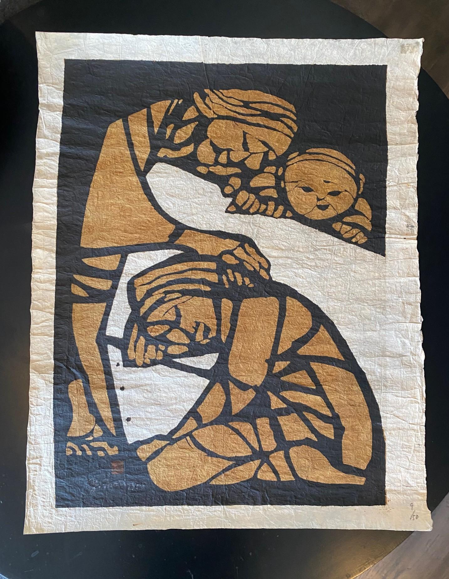 Une grande estampe, magnifiquement conçue et colorée, à la composition dramatique, du maître graveur japonais Yoshitoshi Mori, célèbre pour sa technique d'impression au pochoir kappazuri. Dans les années 1950, Mori est devenu l'un des principaux