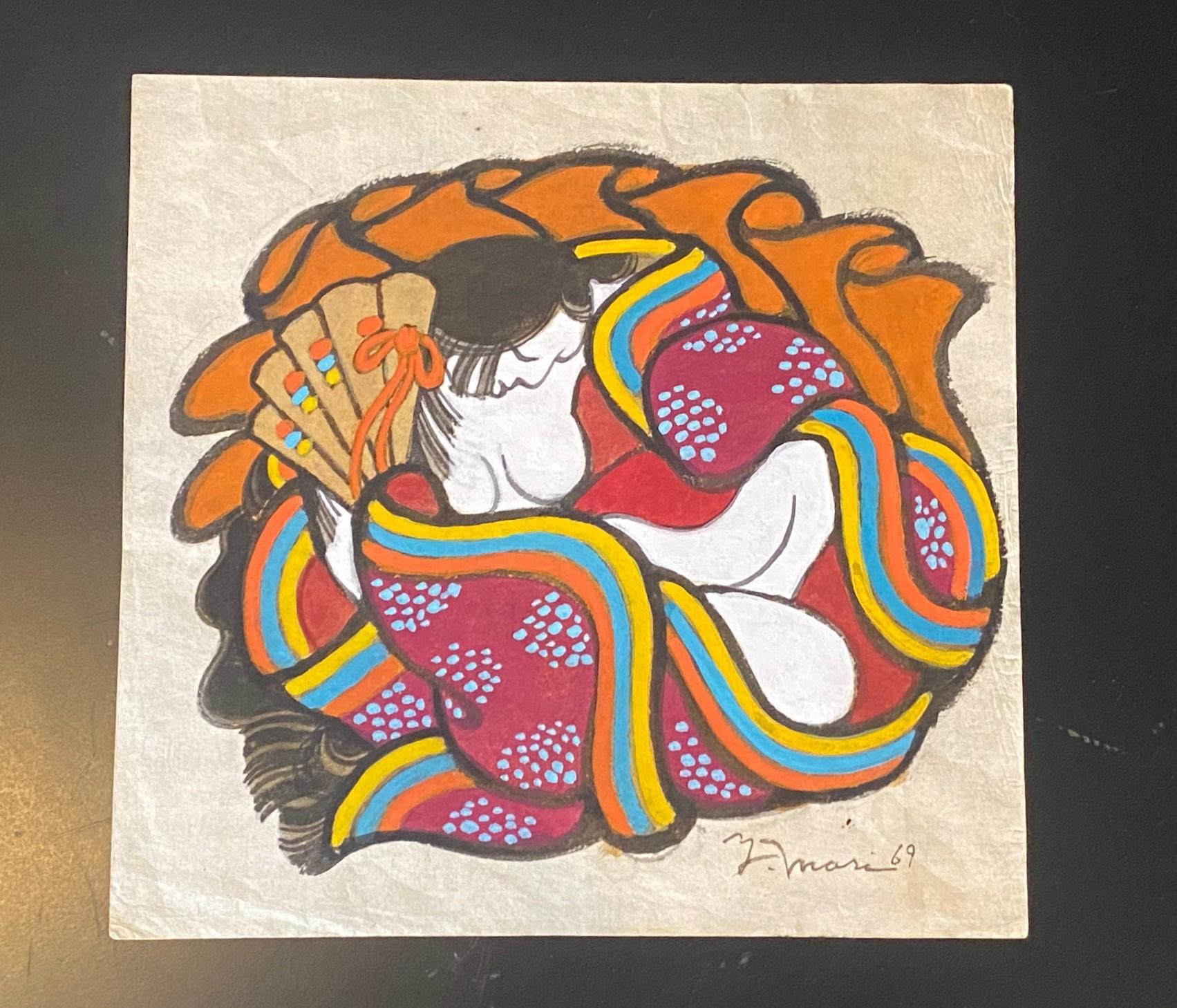 An original gouache and watercolor painting by Japanese artist/master printmaker Yoshitoshi Mori who was famed for his kappazuri stencil printing technique. In the 1950s Mori became one of the key artist in the Sosaku Hanga movement (which stressed