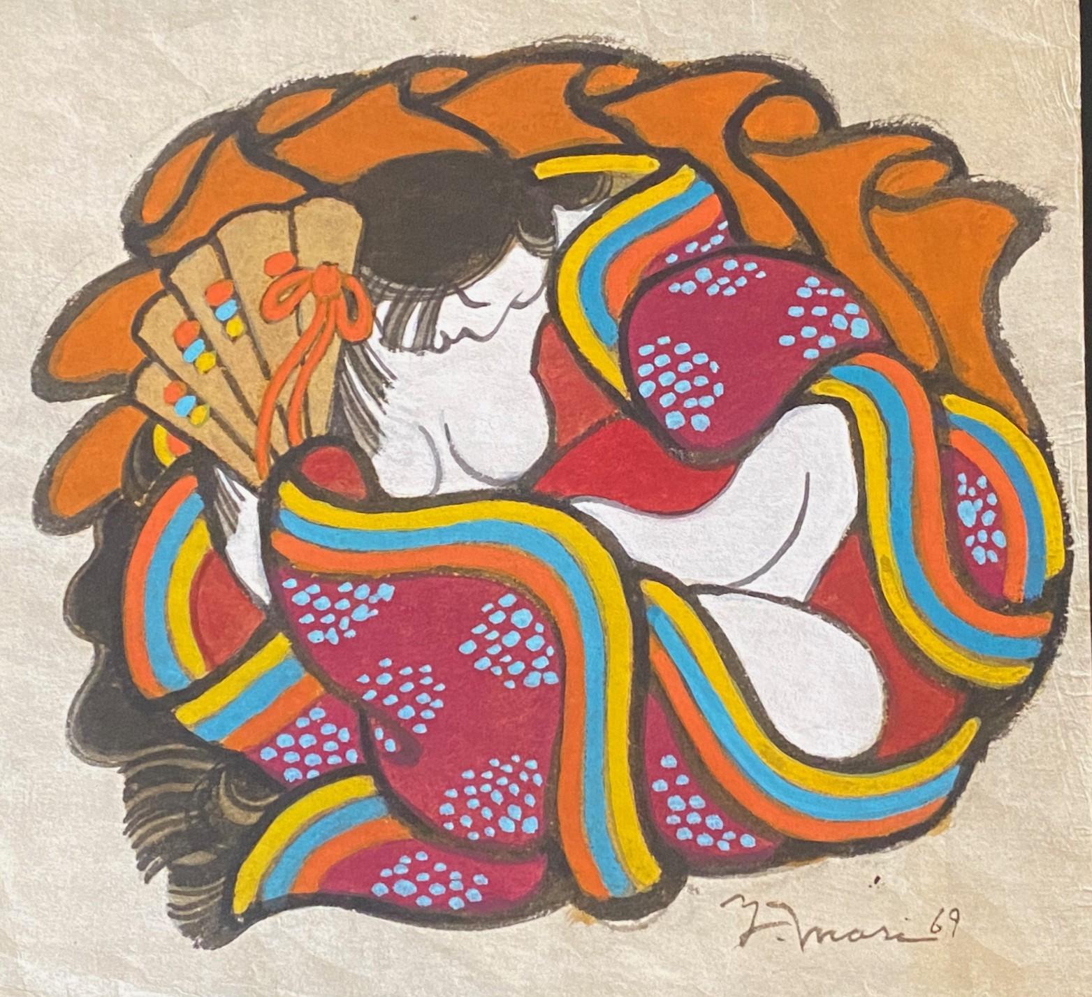 Showa Yoshitoshi Mori Signed Original Japanese Asian Watercolor. and Gouache Painting For Sale