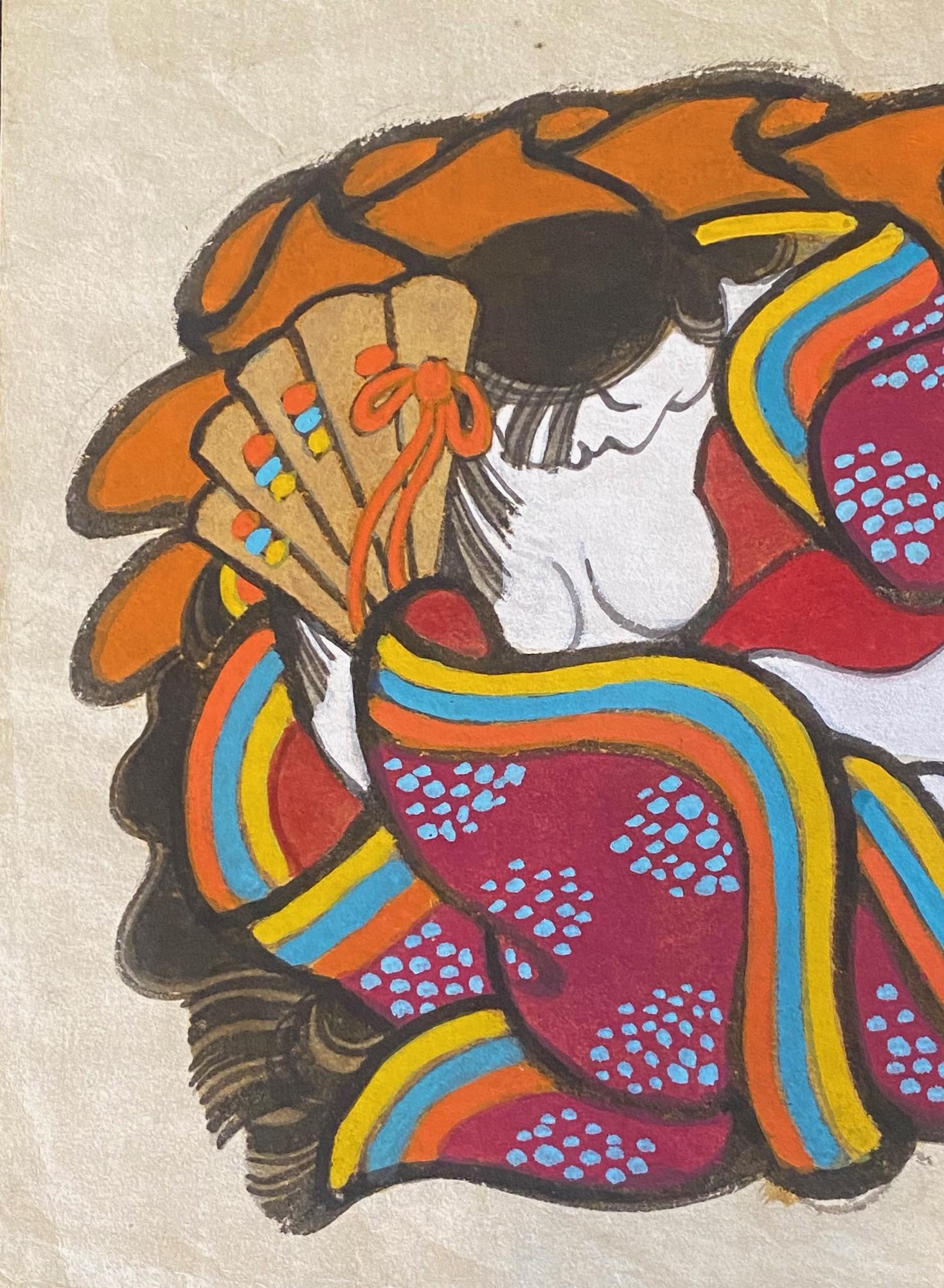 Hand-Painted Yoshitoshi Mori Signed Original Japanese Asian Watercolor. and Gouache Painting For Sale