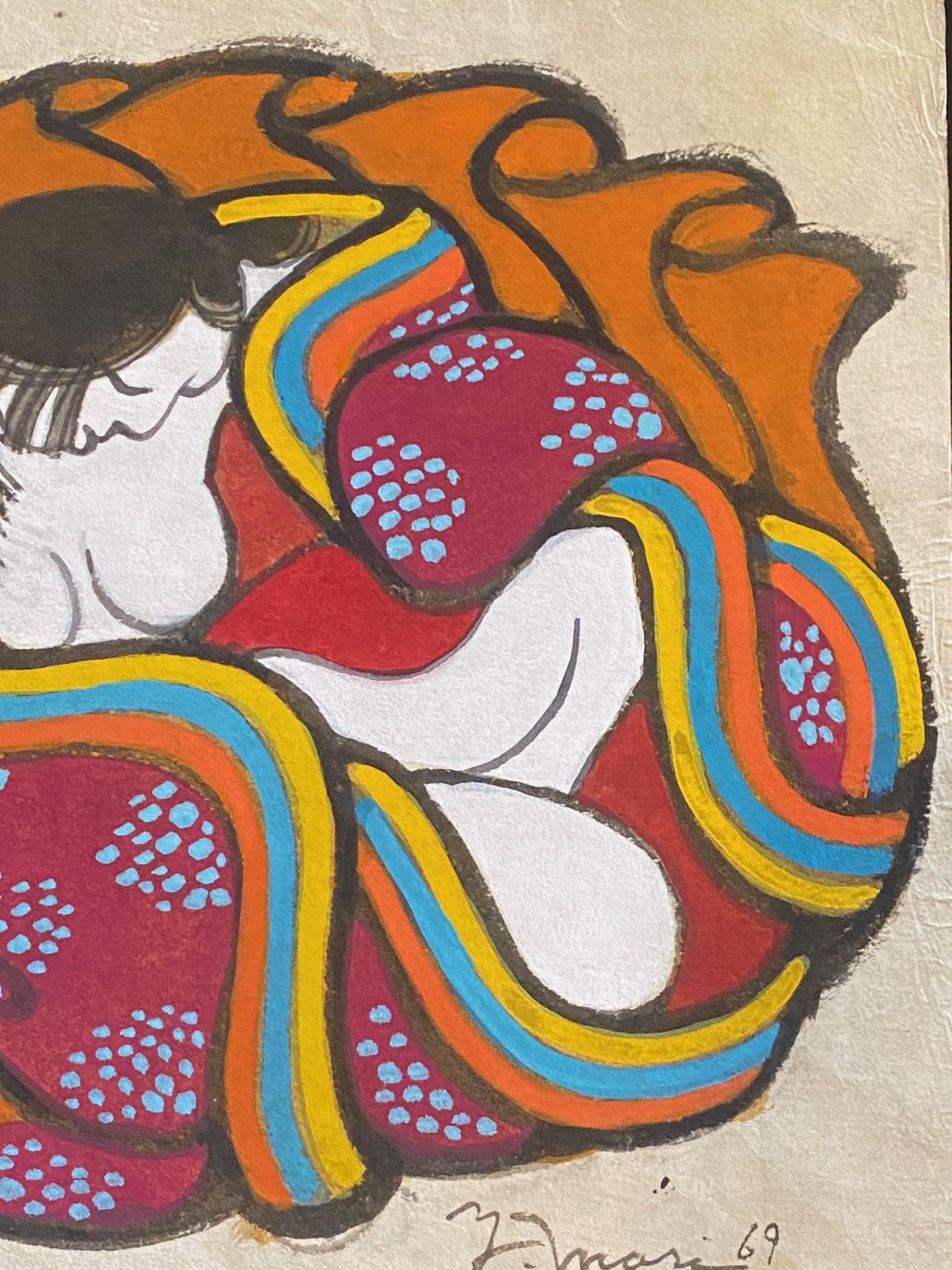 Yoshitoshi Mori Signed Original Japanese Asian Watercolor. and Gouache Painting In Good Condition For Sale In Studio City, CA