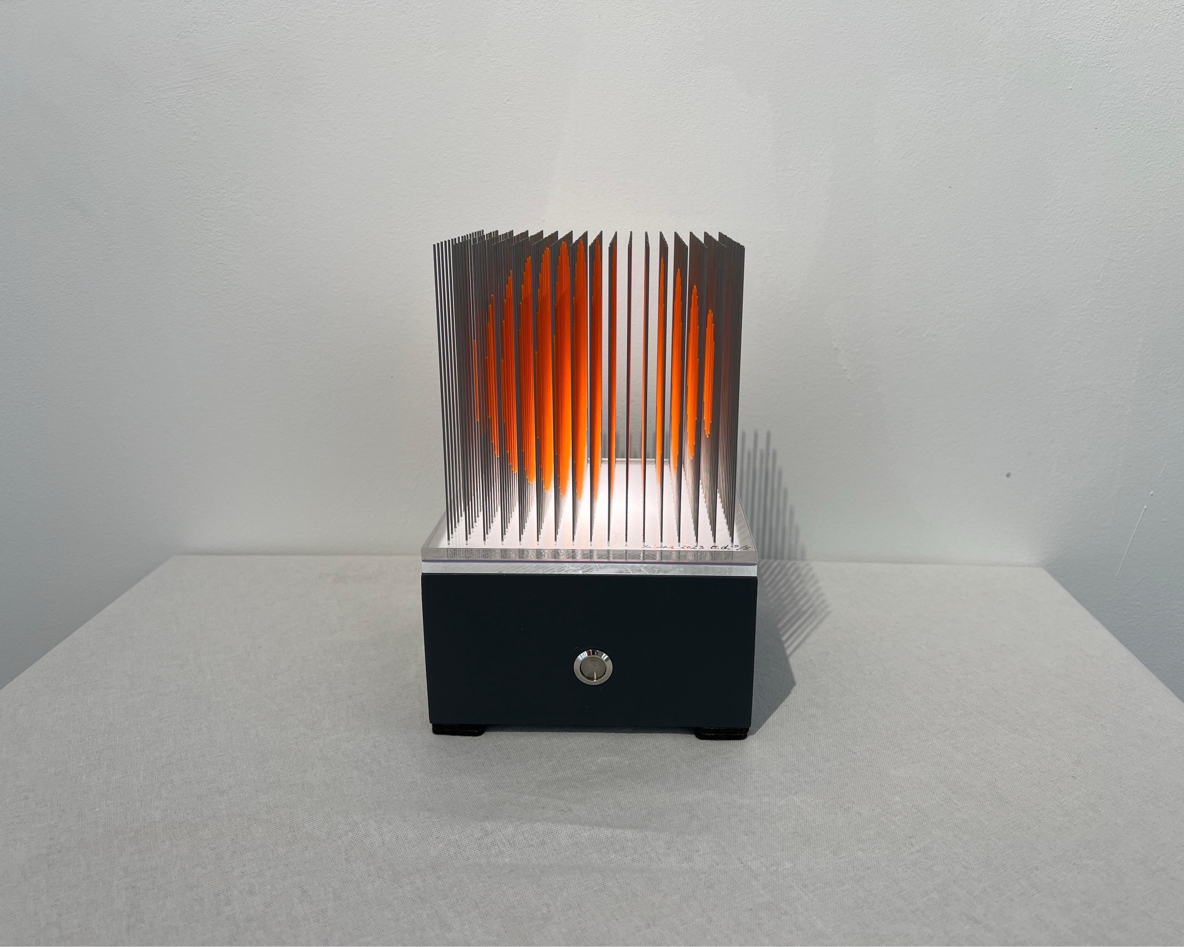 Acrylic on stainless steel needles, entirely hand done, on led pedestal (comes extra!).
Yoshiyuki Miura is a kinetic art (optical  art) Master, highly collectable. This piece is light by a LED pedestal, which comes extra. The overall dimensions are