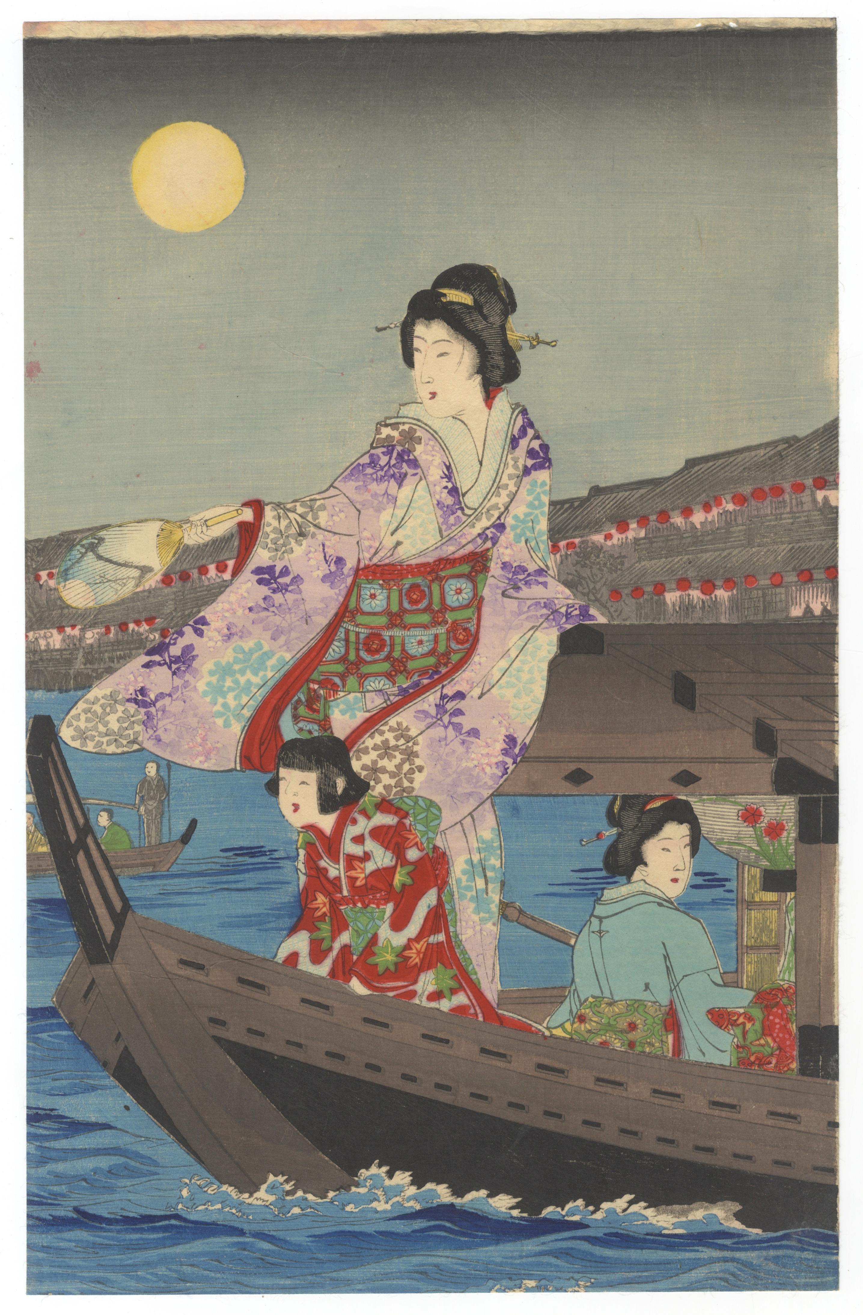 Nobukazu, Kimono Design, Fireworks, Ryogoku, Japanese Woodblock Print, Ukiyo-e For Sale 2