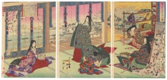 Antique Chikanobu, Poem Reading, Heian Beauty, Court, Japanese Woodblock Print, Ukiyo-e