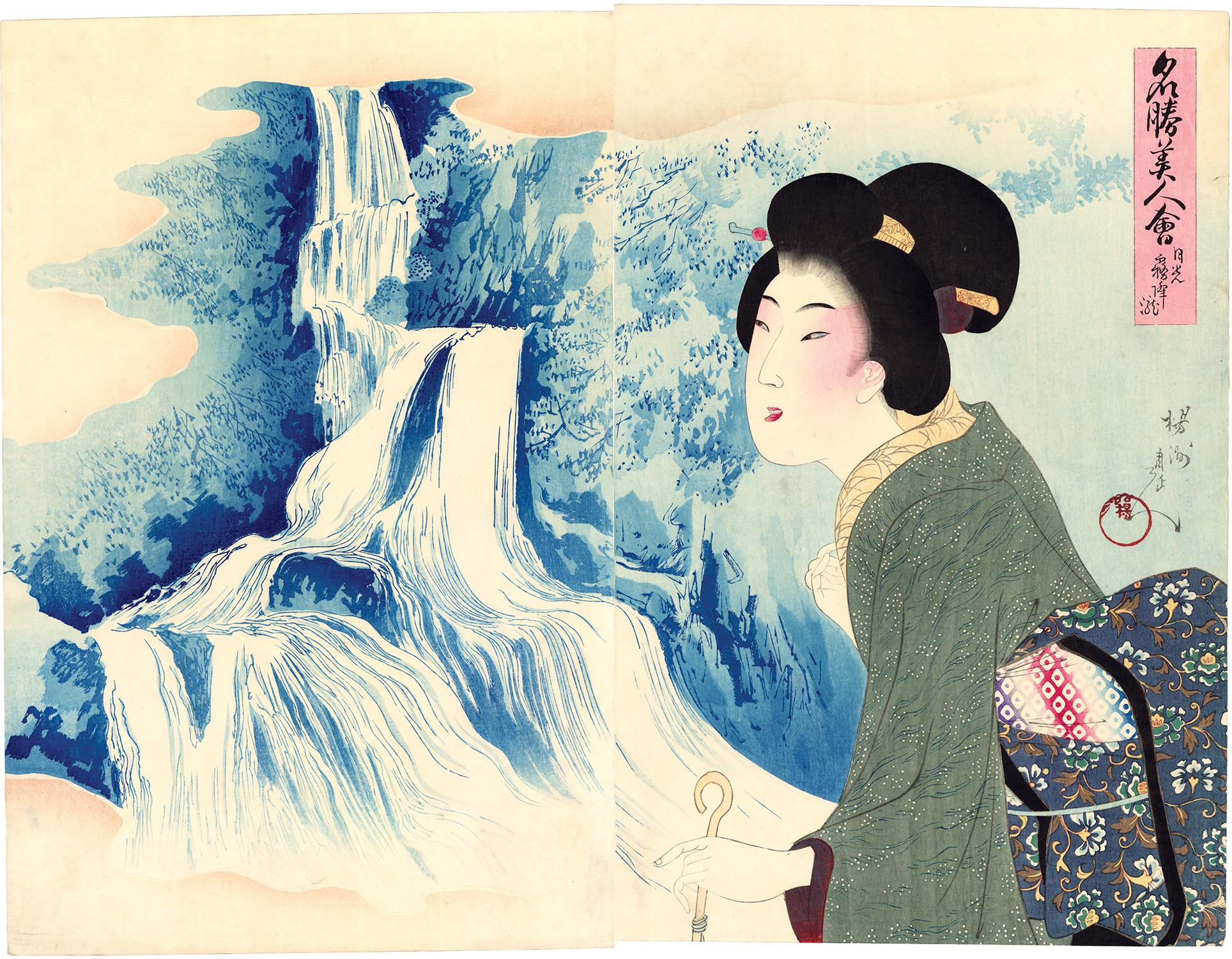 CHIKANOBU, Yoshu Landscape Print – Japanische japanische Schönheit, die an Kirifuri-Wasserfall erinnert