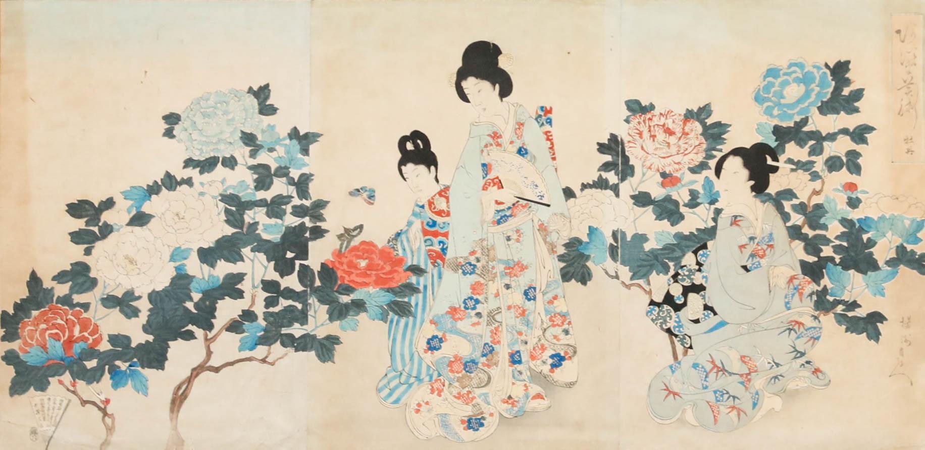 Yoshu Chikanobu (1838-1912) - Gravure sur bois japonaise, triptyque Parmi les fleurs - Print de CHIKANOBU, Yoshu