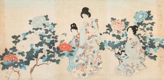 CHIKANOBU, Yoshu (1838-1912) - Woodblock giapponese, Trittico Tra i Fiori