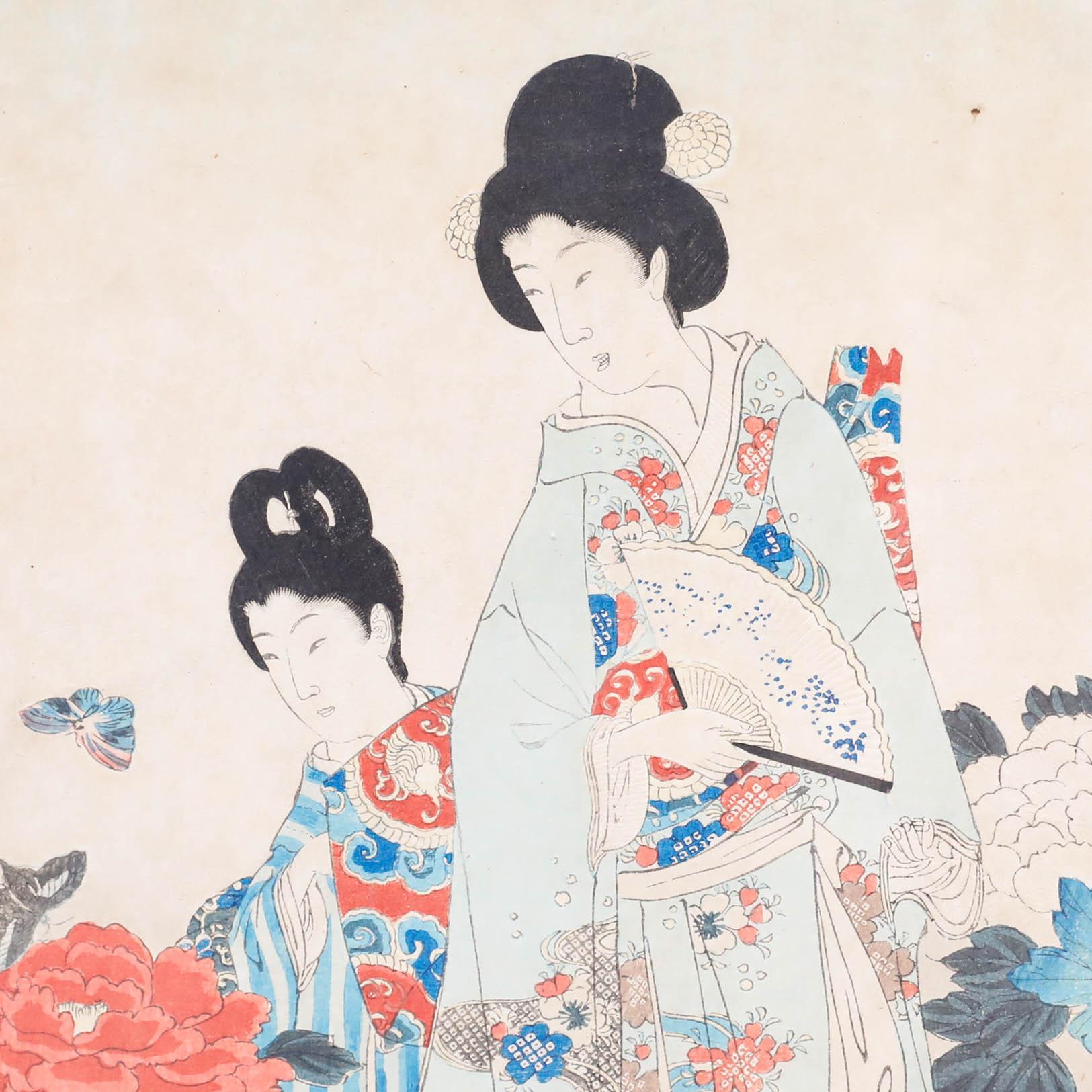 Un charmant triptyque de l'artiste japonais ukiyo-e Yoshu Chikanobu (1838-1912). Les trois sections se combinent pour former une seule image de femmes en kimonos richement décorés, entourées de fleurs. Signé en bas à droite. Bien présenté dans un